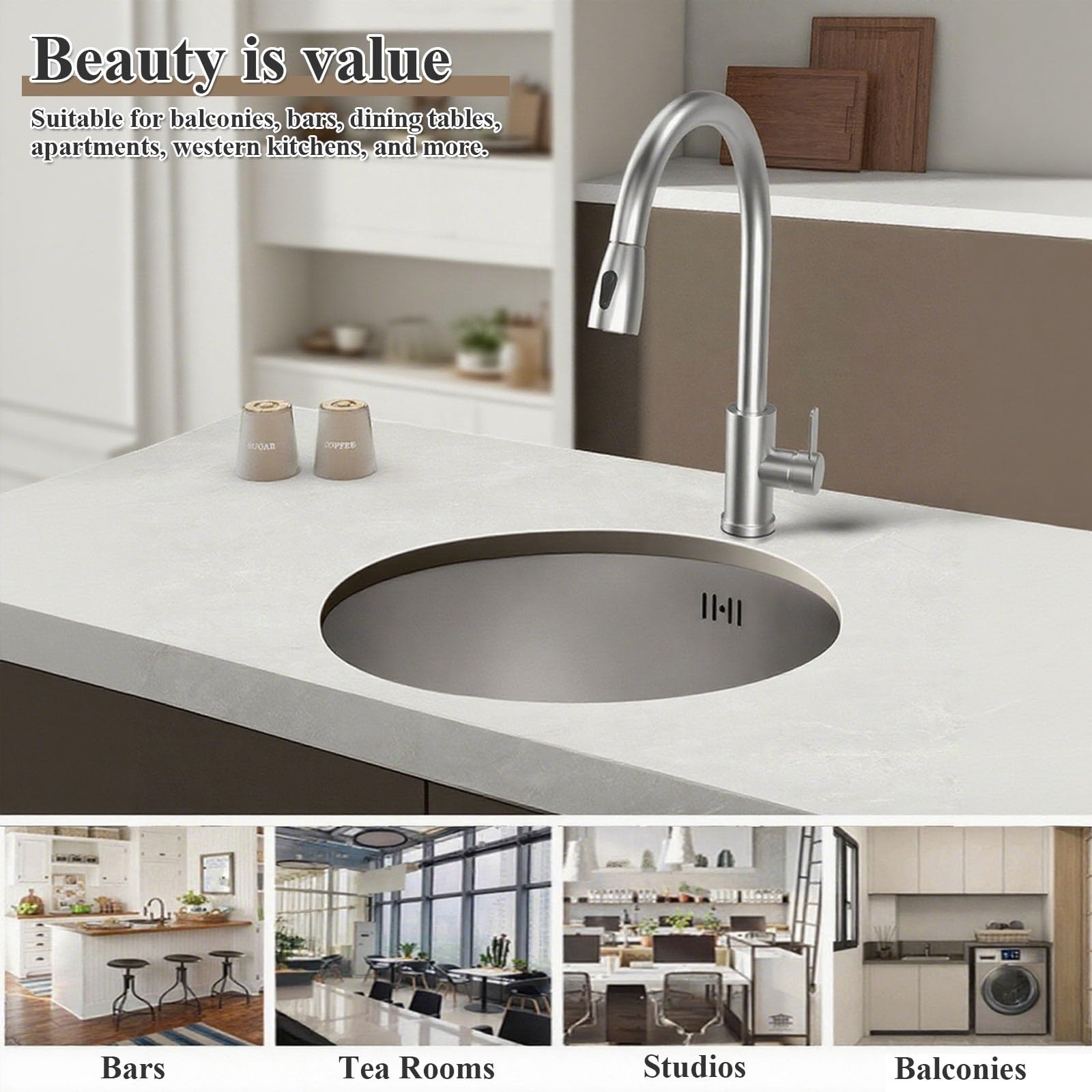 Lavello da Cucina,lavello Tondo in Acciaio Inox 304 con Rubinetto - Cucina a Vasca Singola per Isola,Bar,Camper,Lavanderia,sottotop,Finitura Nichel Spazzolato