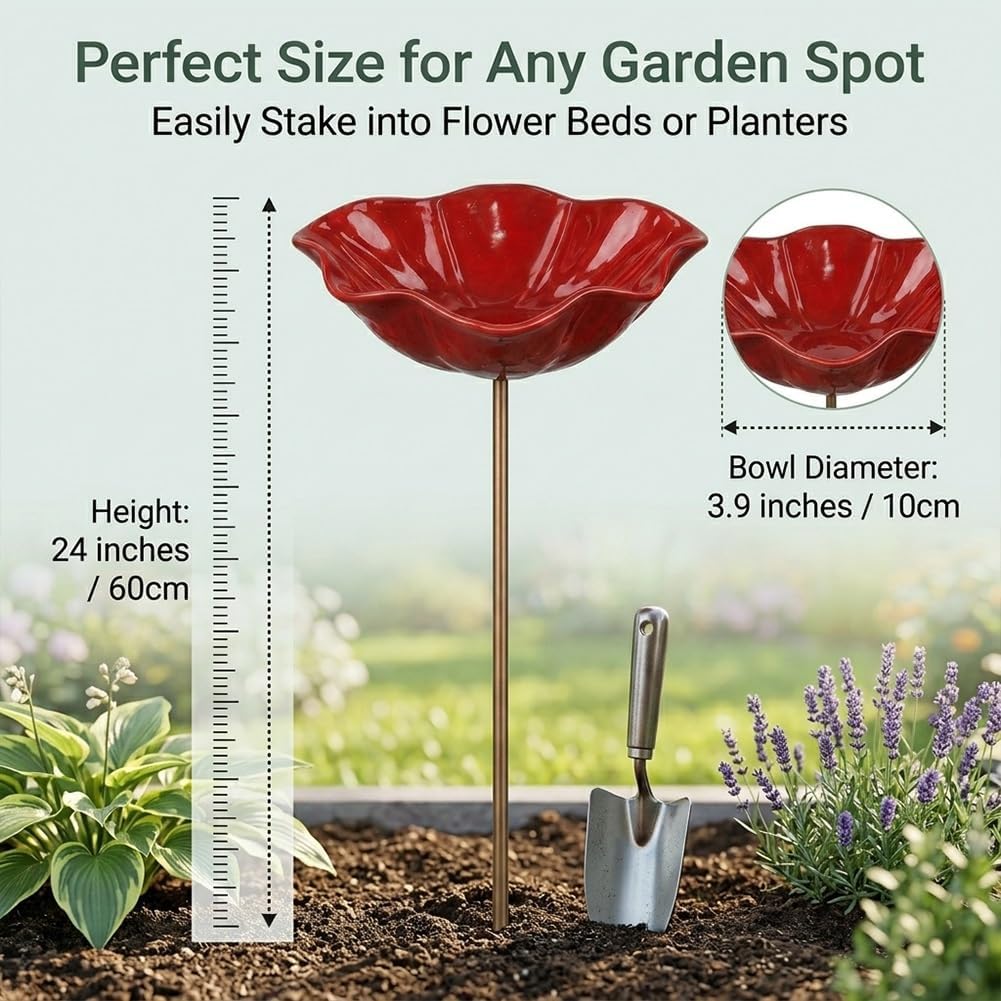 Handmade Metal Flower Garden Stakes Bird Bath, Bee Watering Station for Outside Yard Decor, Shallow Pollinator Feeder Bowl for Butterflies Hummingbirds, Colorful Flower Stake Sculptures(5Pcs)