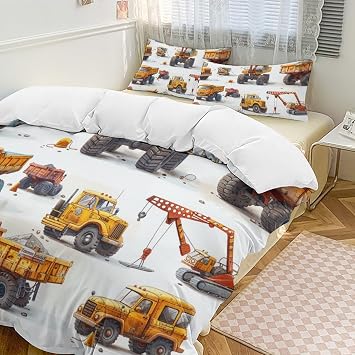 Construction Truck Excavator Duvet Cover Set, 3 Piece Microfiber Bedding Set with 2 Pillowcases, Soft Modern Engineering Vehicle Comforter Cover for All Season - Twin, 86 x 70