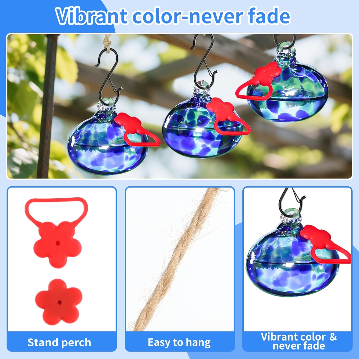 Set of 3 Hummingbird Feeders for Outdoors Hanging,Hand-Blown Glass Hummingbird Feeder with Silicone Feeding Perch,Never Leak,Gardening Gifts for Woman Man