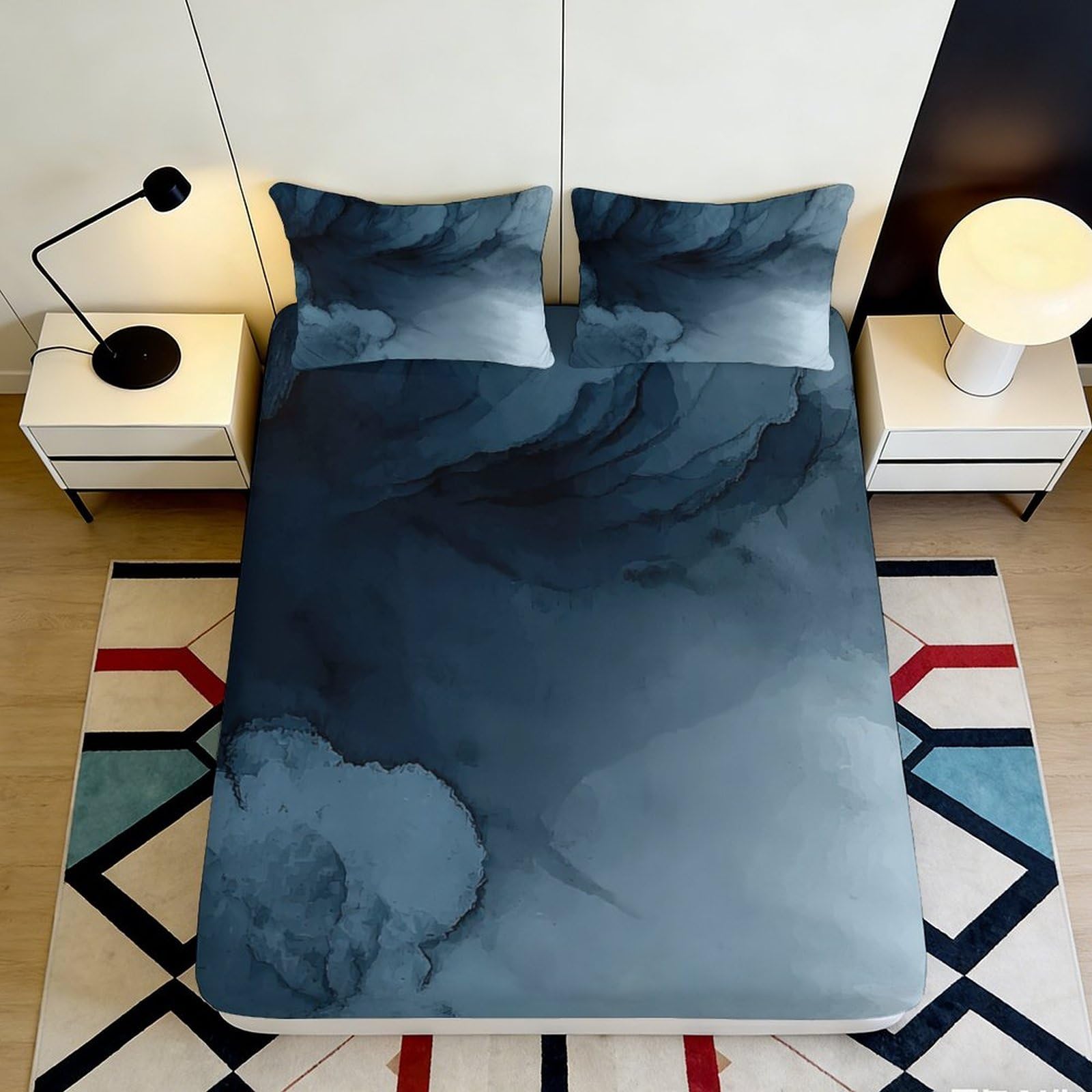 3D Printed Dark Blue Abstract Cloud Fitted Sheet Microfiber Soft Breathable Watercolor Mattress Cover for Bedroom Dorm Decor 200x200x25cm