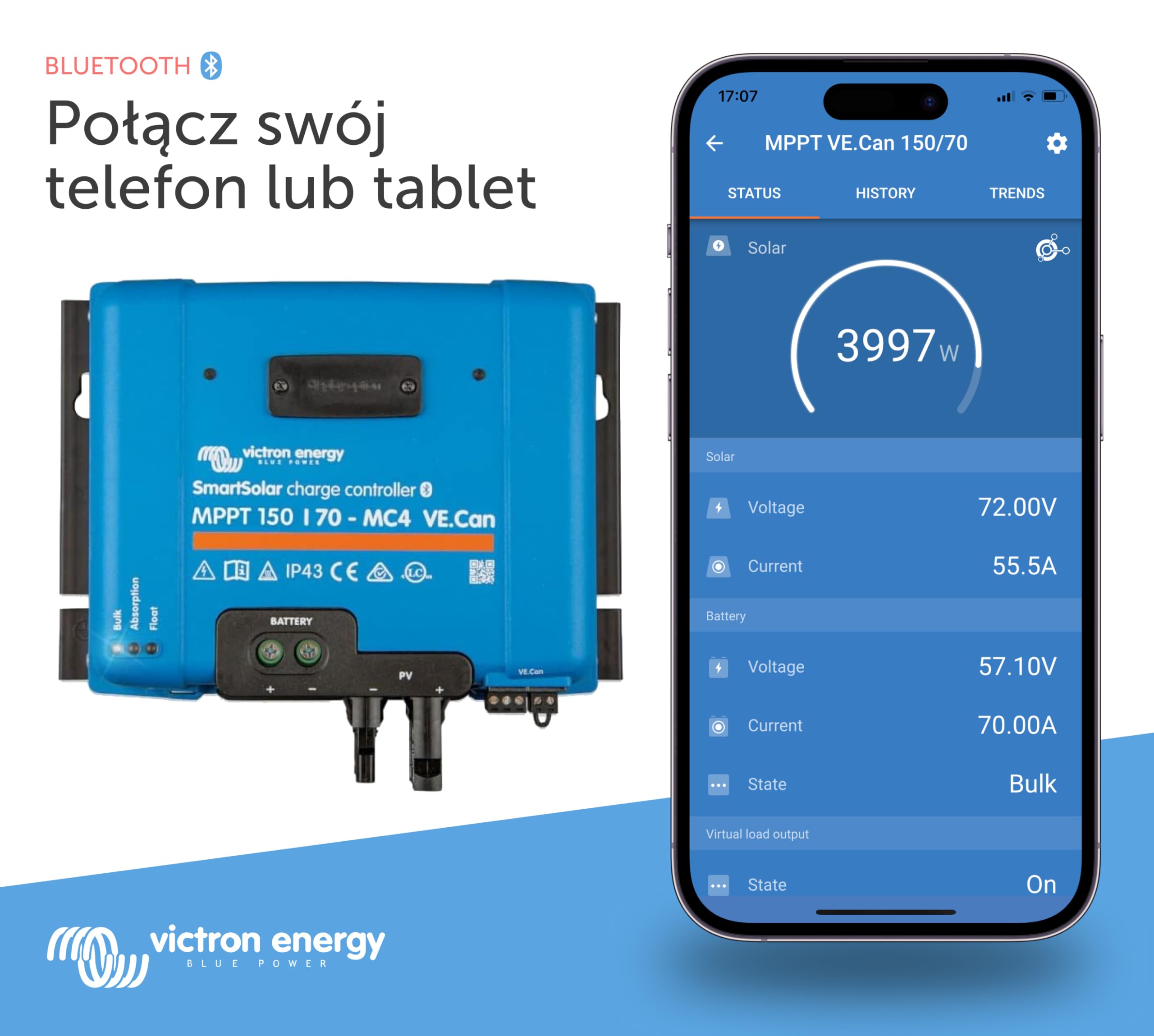 Victron Energy SmartSolar MPPT VE.Can 150V 70 amp 12/24/36/48-Volt Kontroler Ładowania Słonecznego (Bluetooth) do MC4
