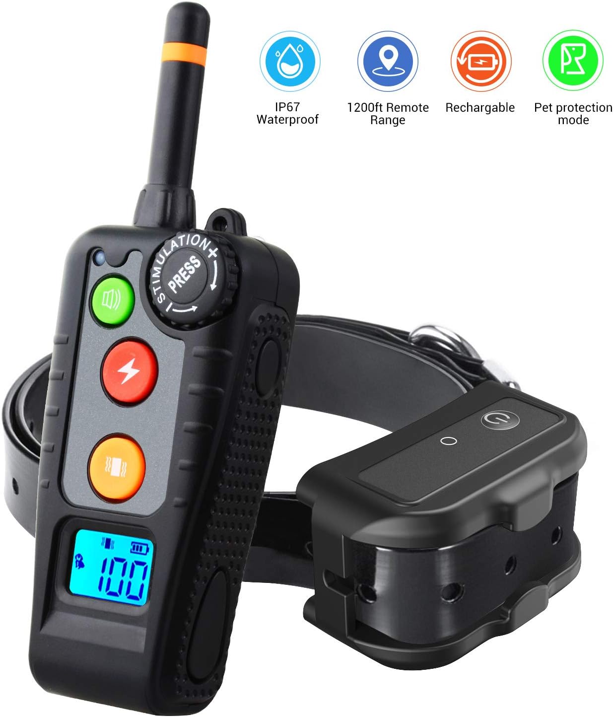 Rechargeable Dog Training Collar with 3 Training Modes, Beep, Vibration and Shock, 100% Waterproof Dog Shock Collar for 1200FT Remote Range