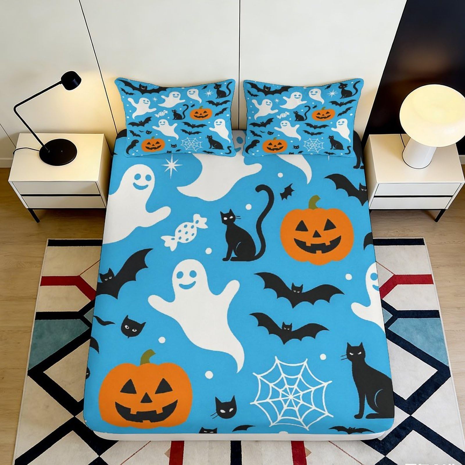 3D Printed Halloween Ghost Fitted Sheet Microfiber Soft Pumpkin Bat Bed Cover for Bedroom Dorm Mattress Decor 140x200x25cm