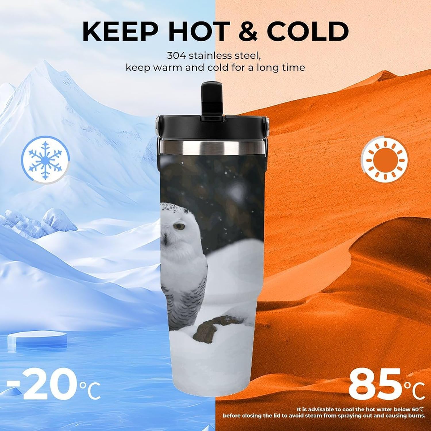 Snow Owl Water Bottle 30 Oz Fits Car Cup Holder,Insulated Coffee Mug Large Capacity Car Cups,Stainless Steel Double Wall Sport Bottle for Travel Sports Gym