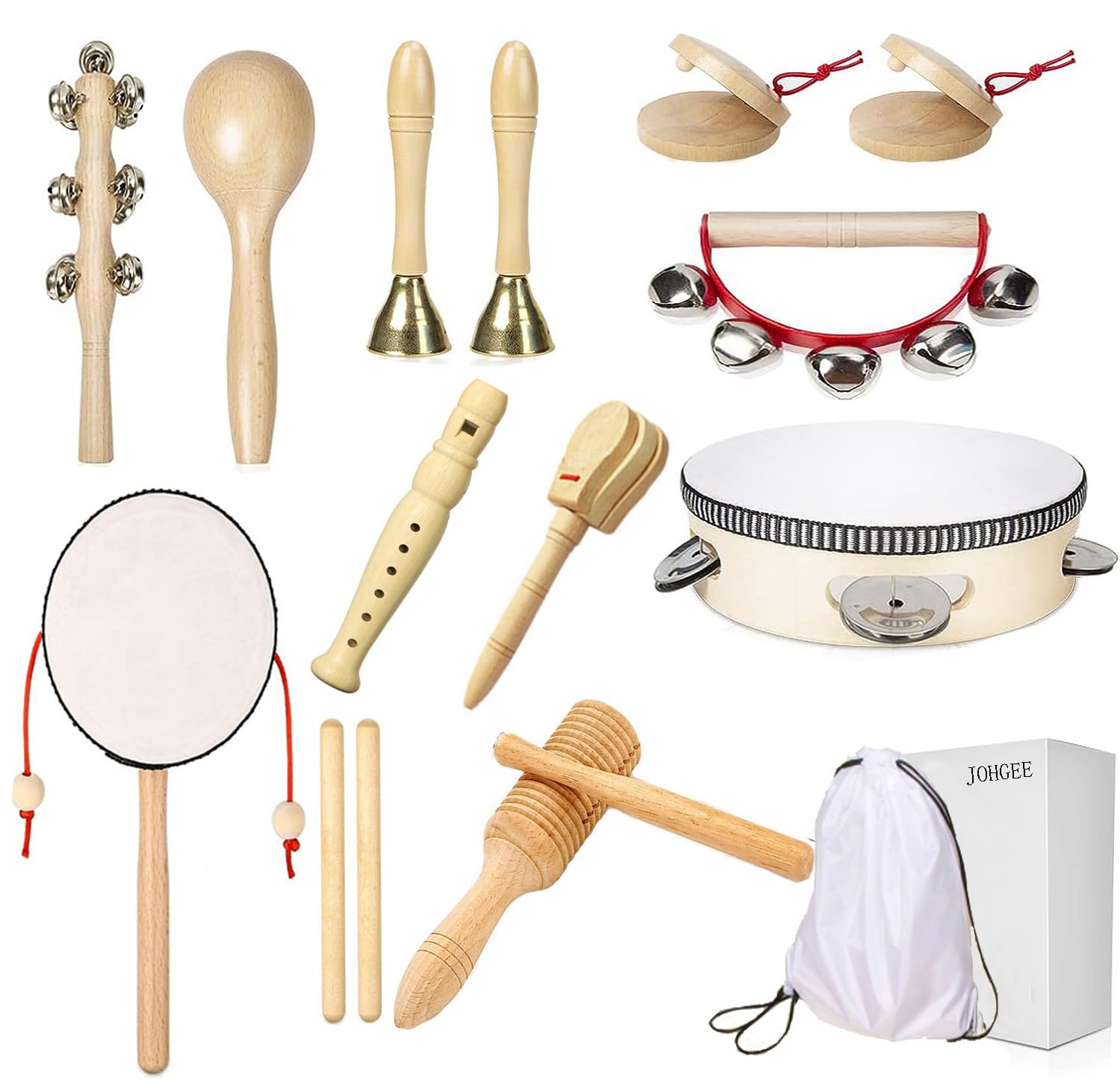Johgee - Instrumento musical infantil de 15 piezas, juguete musical para bebé, madera percusión para bebé, bolsa de almacenamiento