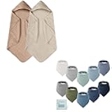 Yoofoss Hooded Baby Towels for Newborn 2 Pack 100% Muslin Cotton & Muslin Baby Bibs 10 Pack Bandana Bibs 100% Cotton