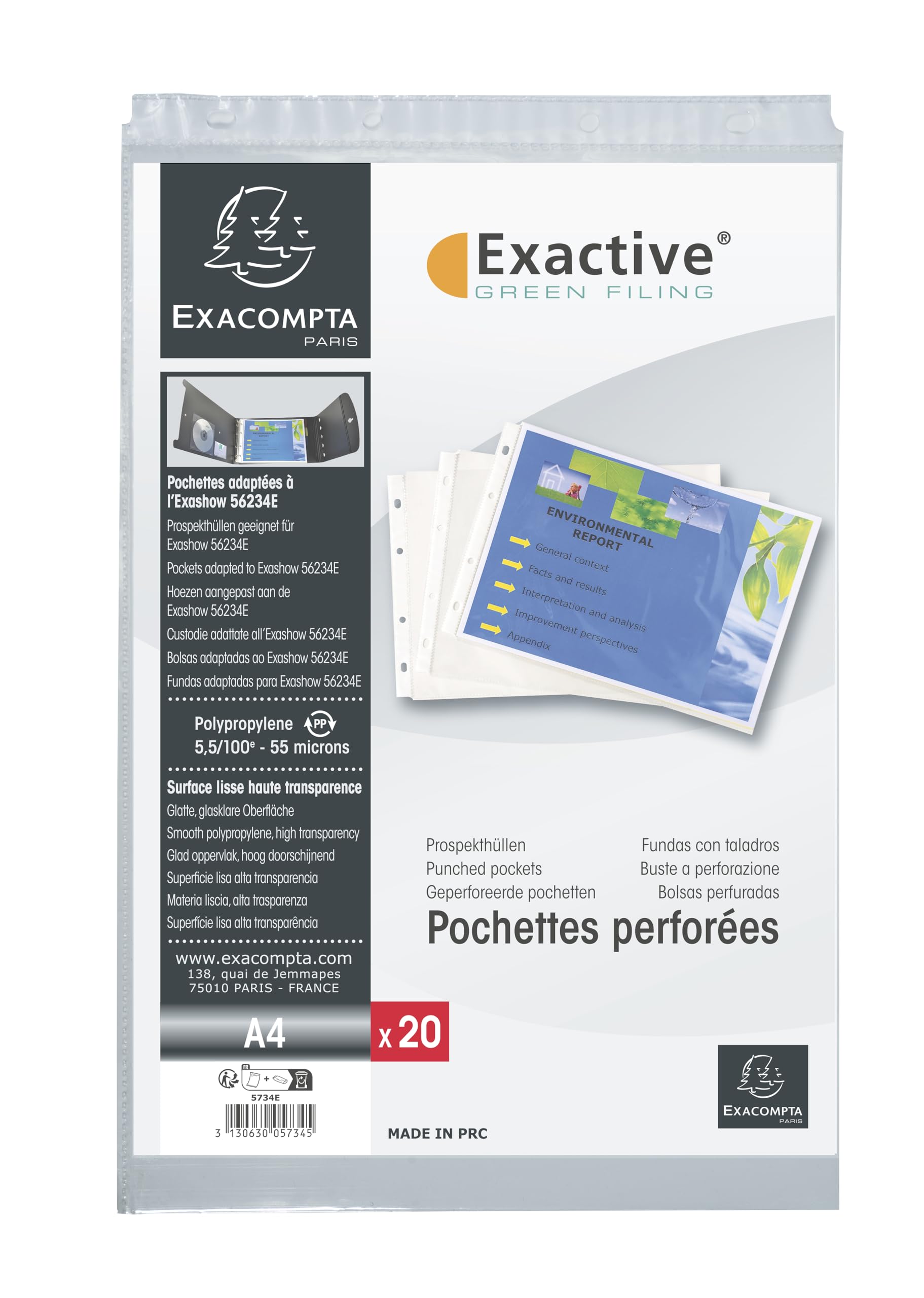 Exacompta - Ref 5734E - Box of 100 Punched Pockets with Bevelled Corners for Exactive Folders Ref 56034E - Smooth PP 5.5/100e - A4 Format - Horizontal - Crystal - Image 2
