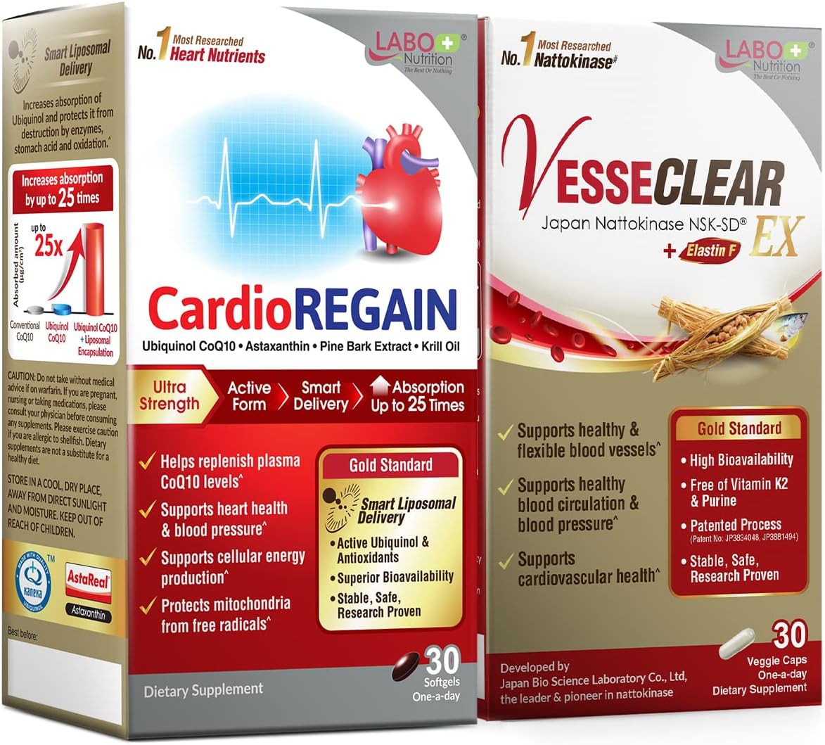 LABO Nutrition VesseCLEAR EX + CardioREGAIN Bundle Set, Nattokinase NSK-SD + Elastin F for Clean & Flexible Blood Vessel, Uniquinol CoQ10 with Kaneka QH for Heart Health & Cellular Energy