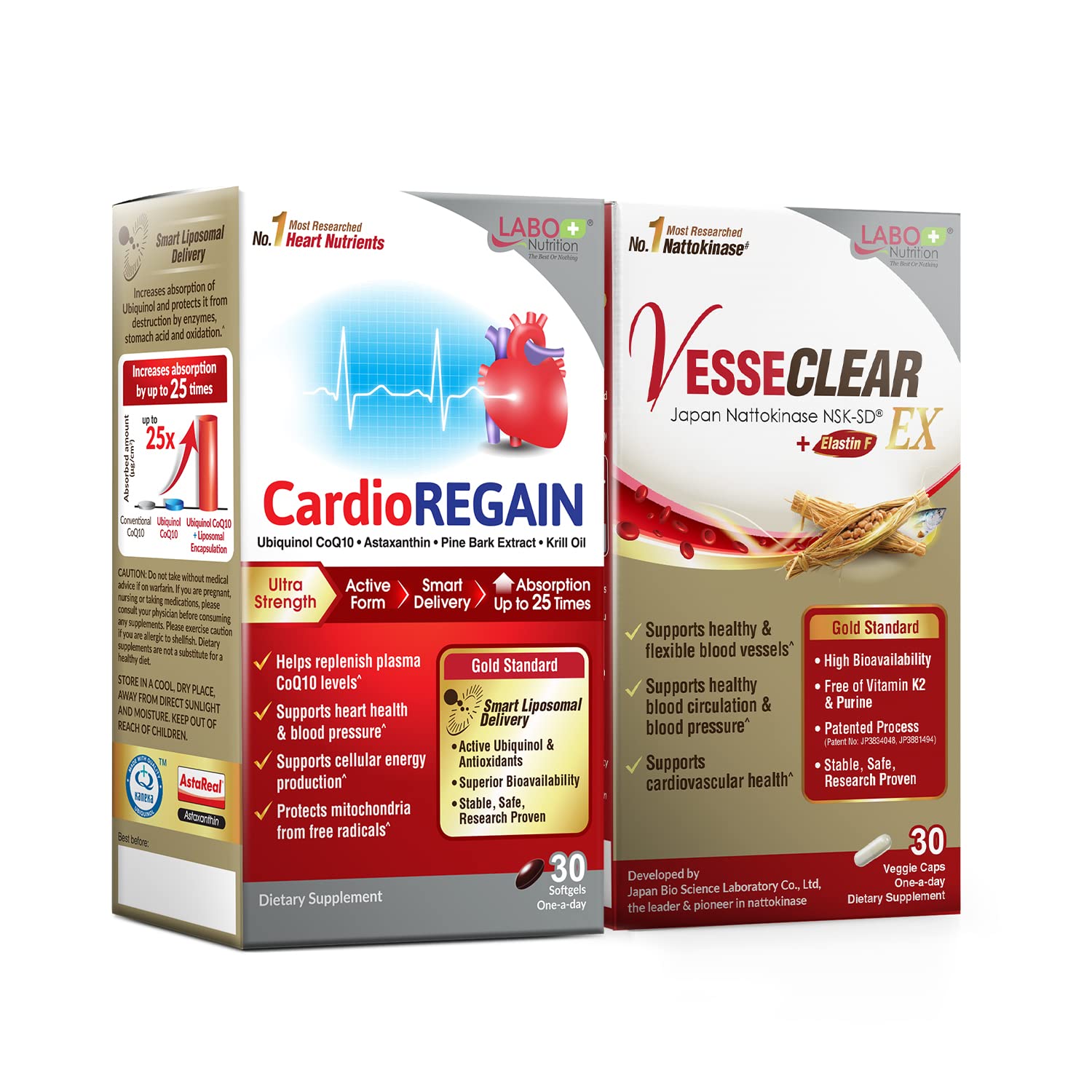 LABO Nutrition VesseCLEAR EX + CardioREGAIN Bundle Set, Nattokinase NSK-SD + Elastin F for Clean & Flexible Blood Vessel, Uniquinol CoQ10 with Kaneka QH for Heart Health & Cellular Energy