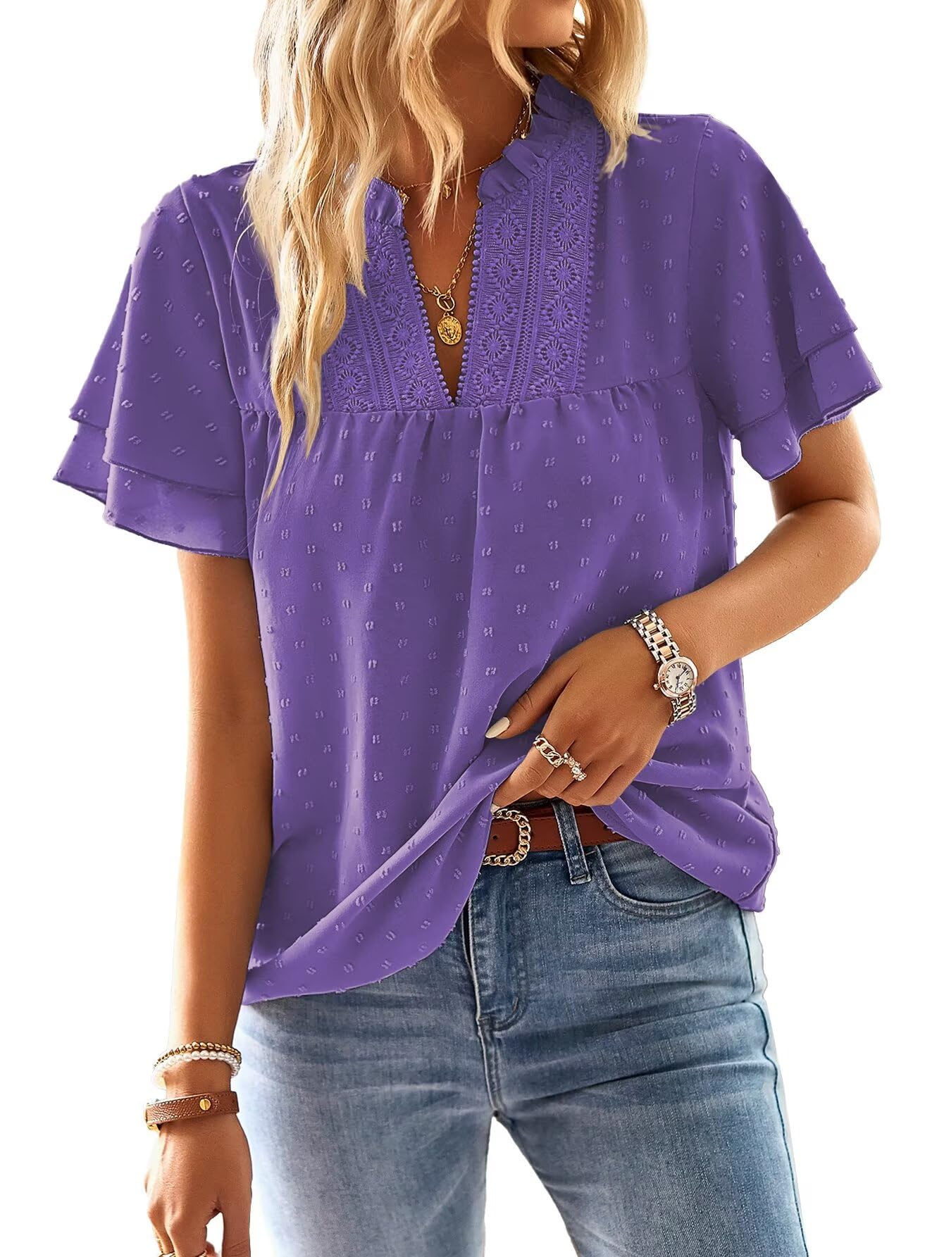 Falechay Womens Tops Butterfly Sleeve V Neck Blouses for Women Dressy Casual Flowy Swiss Dot Ruffle Short Sleeve Shirts