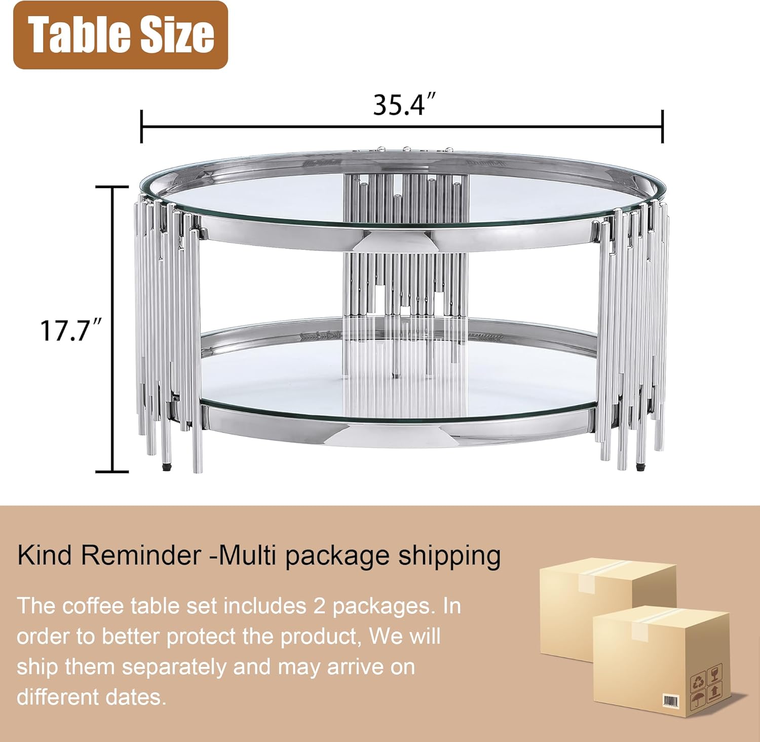 36" Round Glass Coffee Table, 2-Tier Silver Center Table with Stainless Steel Legs and Clear Tempered Glass, Modern Luxury Coffee Table for Living Room Home Office