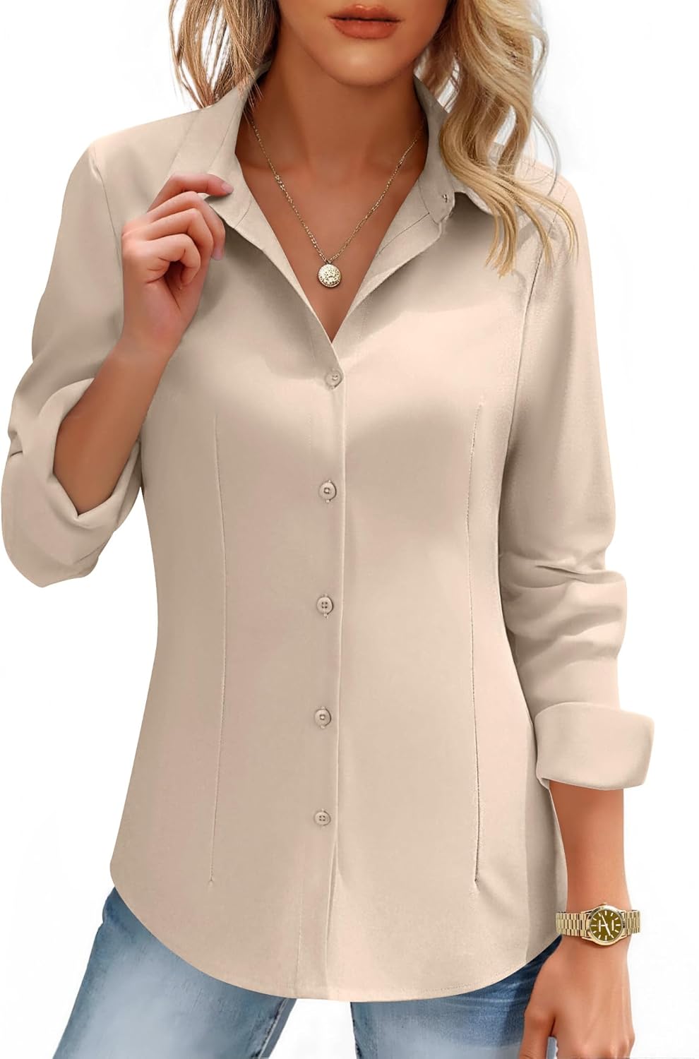 HOTOUCH Women's Button Down Shirts Long Sleeve Dress Shirt Slim Fitted Work Tops Collared Dressy Casual Business Blouses