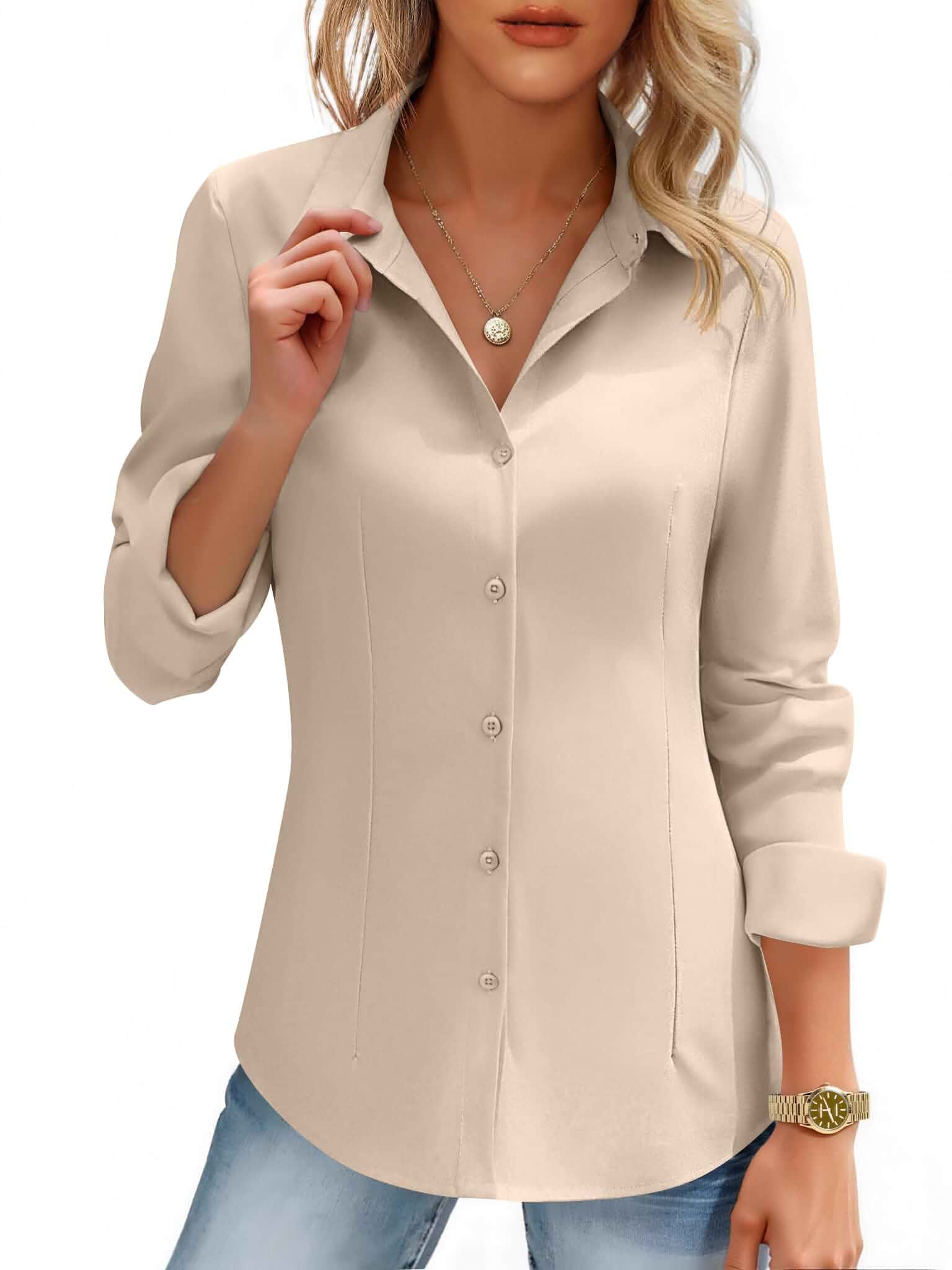 HOTOUCH Womens Button Down Shirts Long Sleeve Dress Shirt Fitted Work Tops Collared Dressy Casual Business Blouses,Work Office Clothes,Classic Professional Outfits