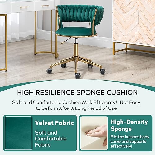 Miniatura 6 de NIOIIKIT Silla de escritorio de oficina de terciopelo con respaldo tejido a mano, giratoria de 360 y sillas de tareas ajustables en altura, silla de