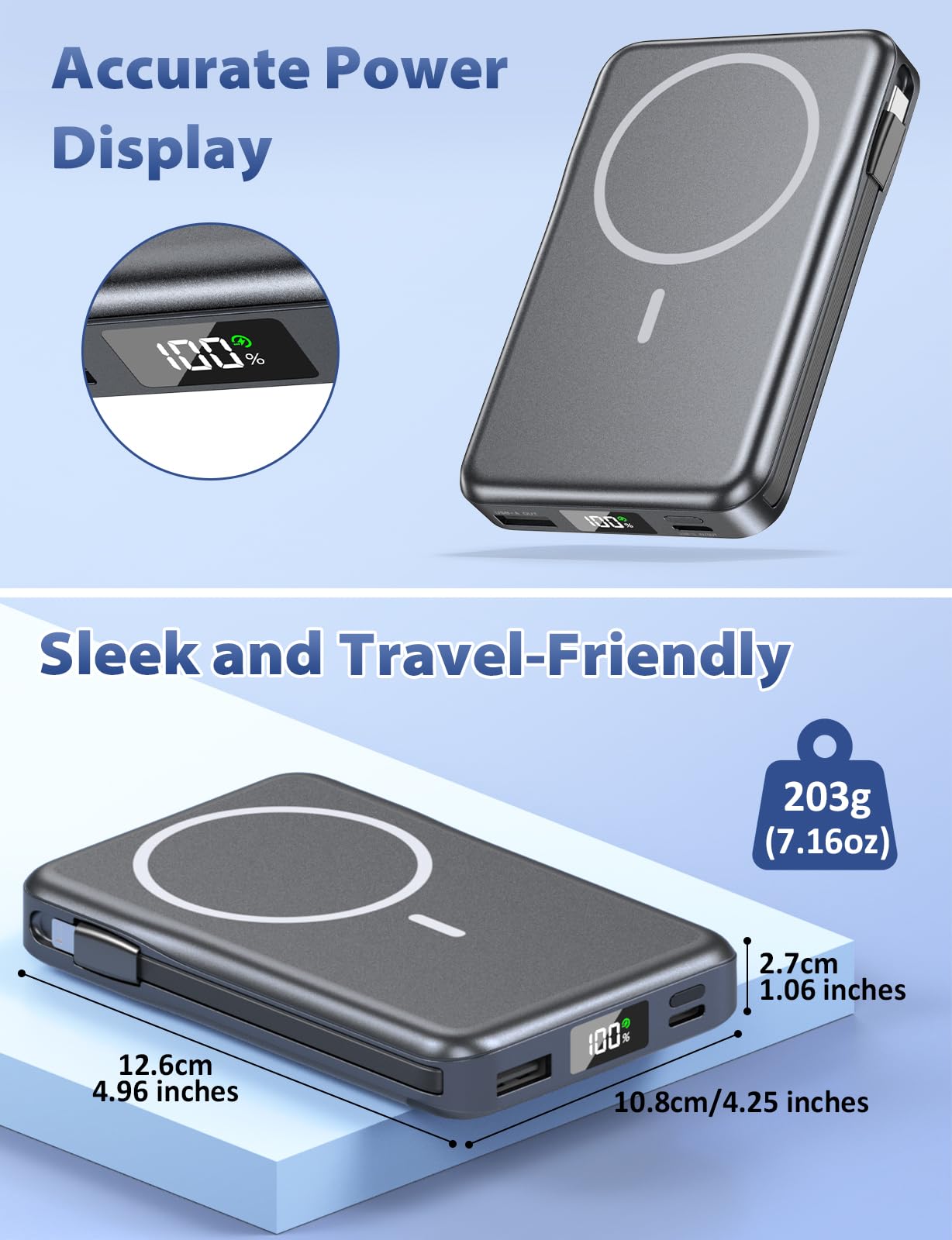 Power Bank 10000mAh, Magnético Batería Externa Compatible con MagSafe, PD 20W Cargador Portátil con Cables Integrados, Powerbank para iPhone 16/15/14/13 Pro MAX Serie - Gris Oscuro