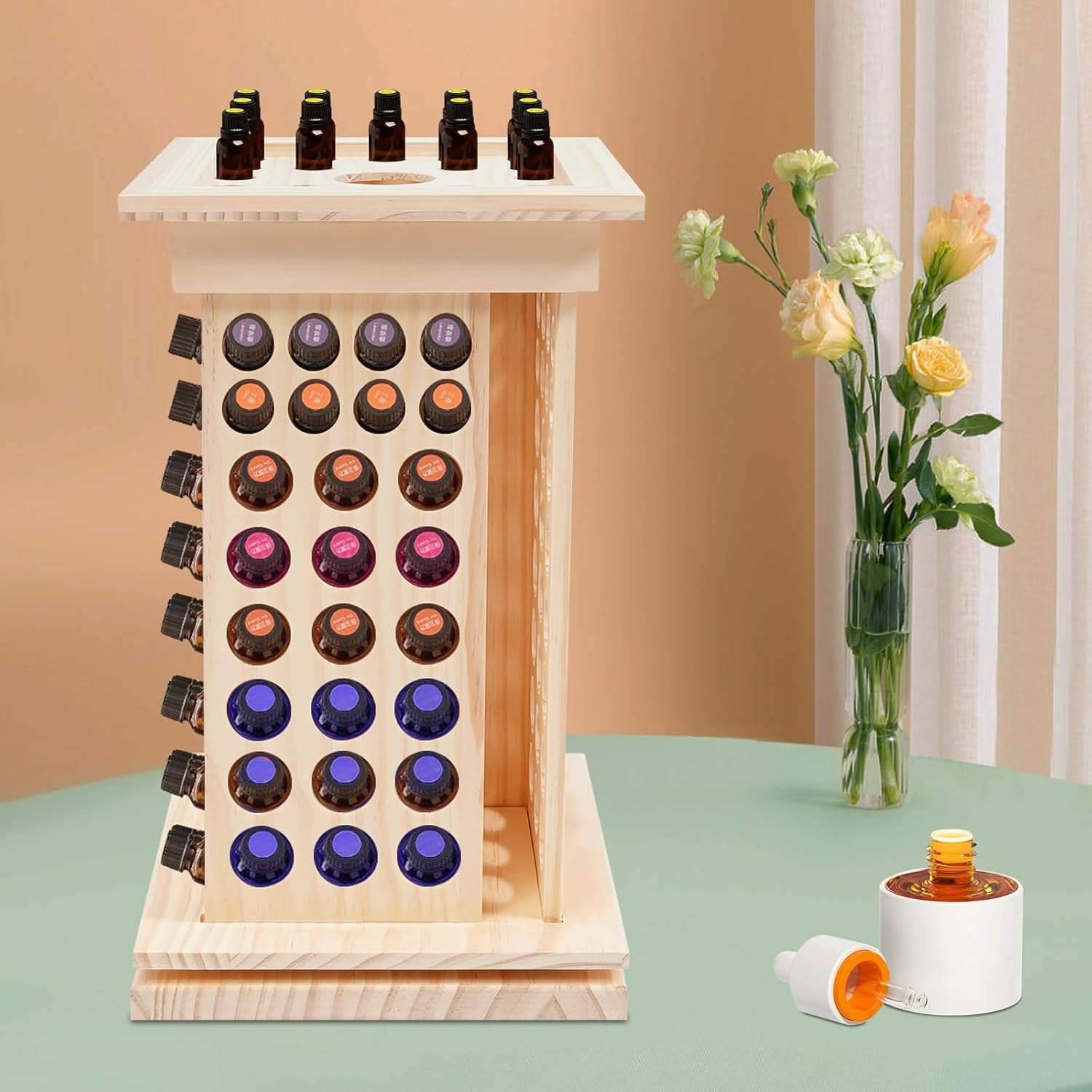 125 Slots Essential Oil Storage Shelf Wood Rotating Essential Oil Bottle Display Rack Wooden Farmhouse Style Essential Oil Stand Holder with Base for Aromatherapy Bottles Organization, Wood Color