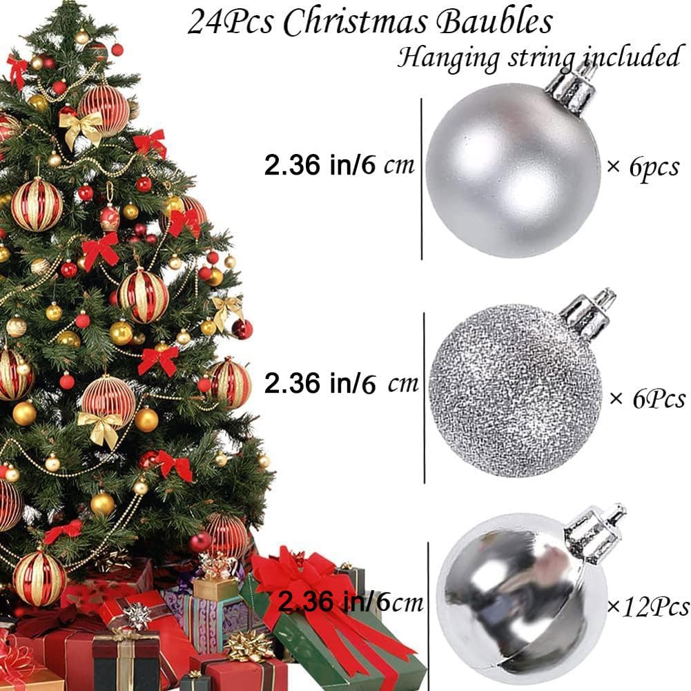 24Pcs Christmas Balls Ornaments for Xmas Christmas Tree - Shatterproof Christmas Tree Decorations Hanging Ball for Holiday Wedding Party Decoration (2.36“, Silver) - Image 2