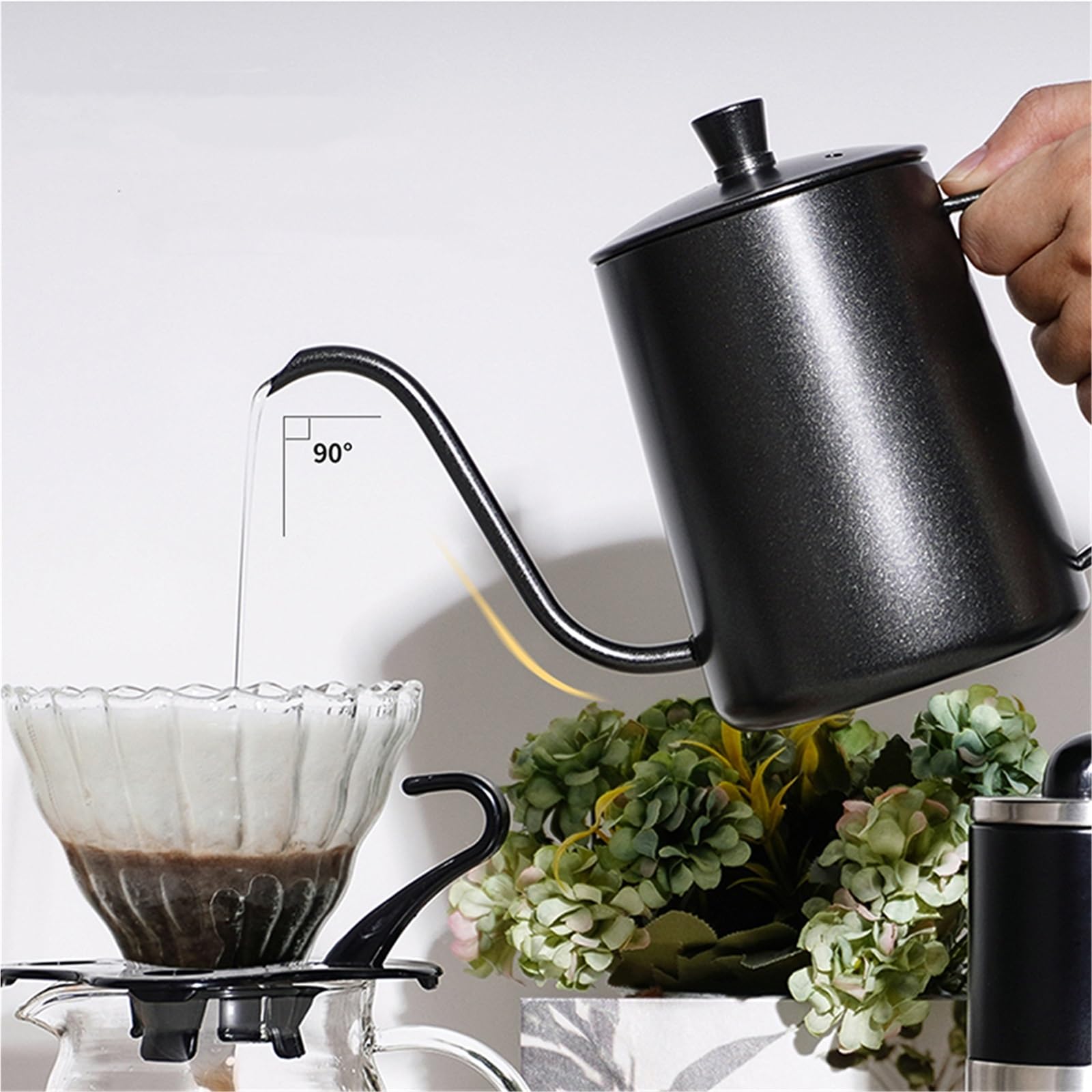 Hervidor De Café Tetera de goteo de 350ML/600ML, tetera de café con revestimiento antiadherente, tetera de goteo de café de boca fina con cuello de cisne de acero inoxidable Para Café，Té(Black 600ml)