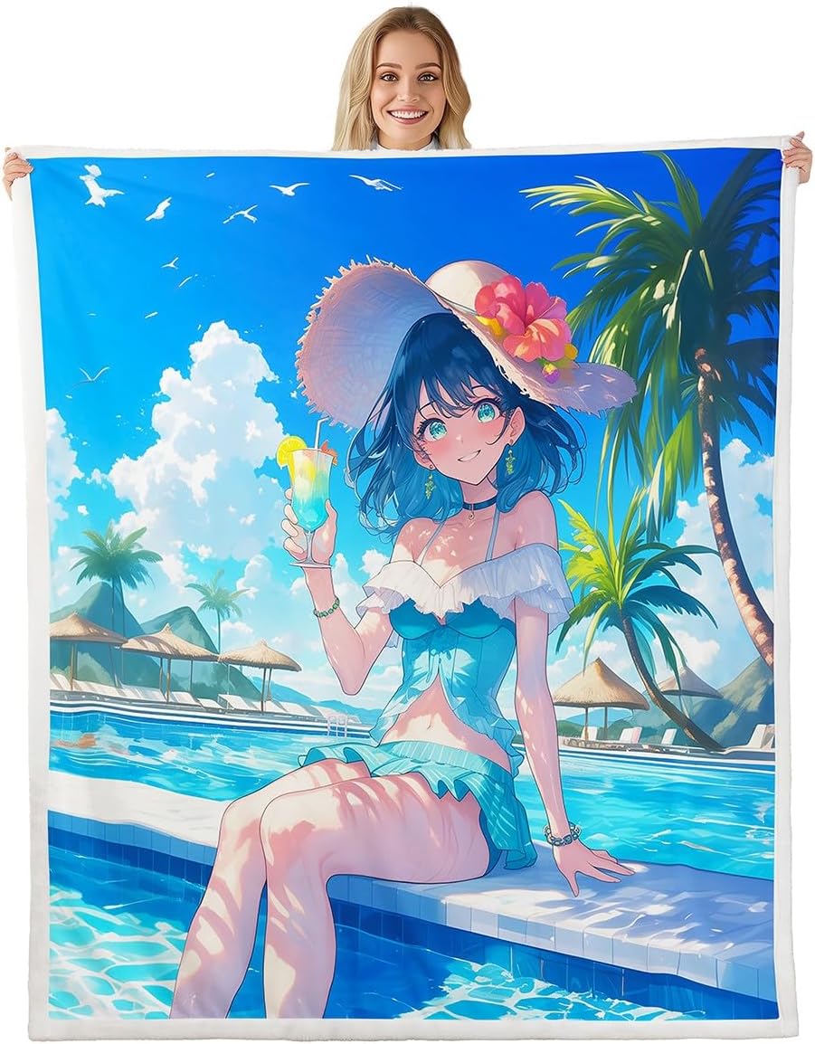 Hawaii Girl Flannel Fleece Blanket,Japanese Style Kawaii Princess Super Soft Blanket for Sofa Couch,Summer Swimming Pool Tropical Palm Trees Blue Sky Bed Blanket for Bedroom,Twin 60"x80"