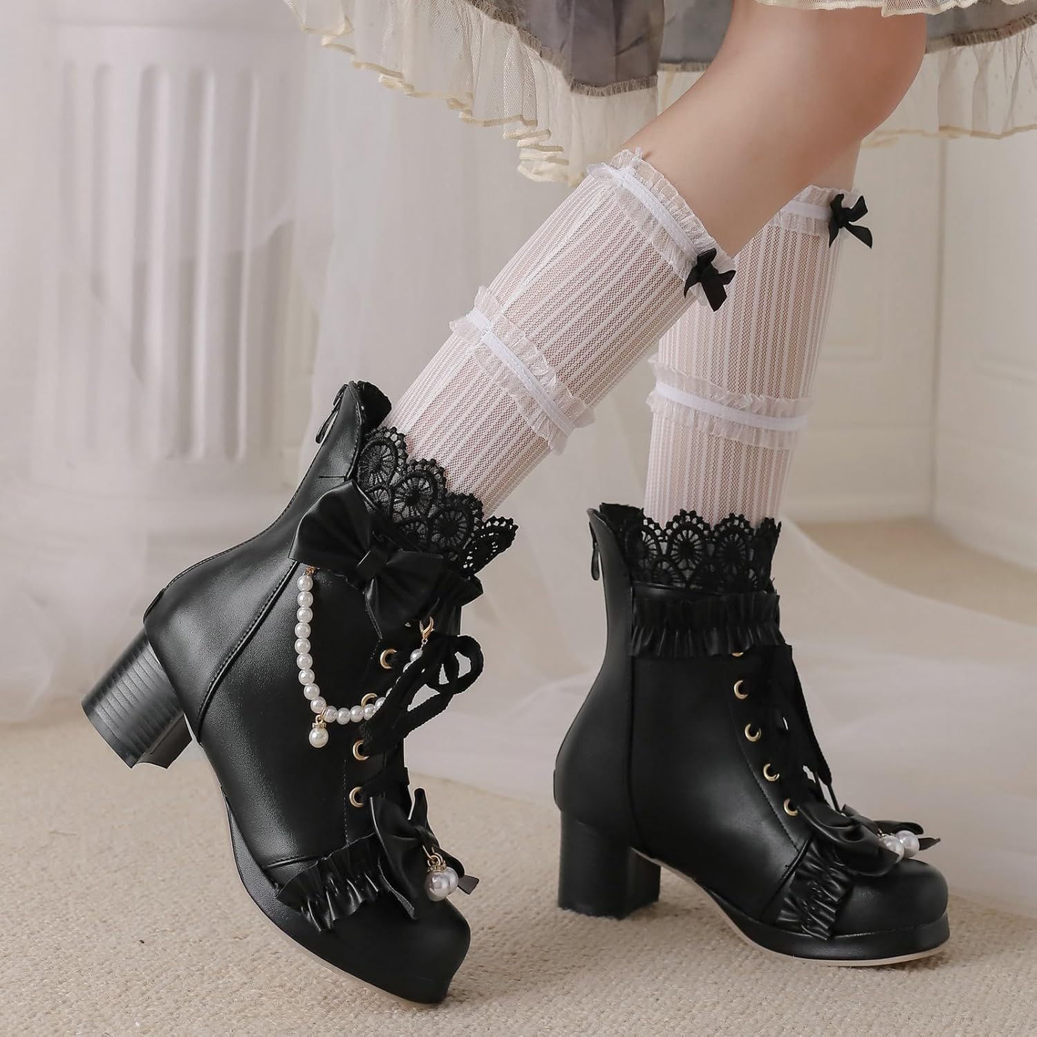 LUXMAX Women Cute Lolita Boots Chunky Mid Heel Ankle Boots with Bow Platform Lace Up Booties with Pearl - Image 7