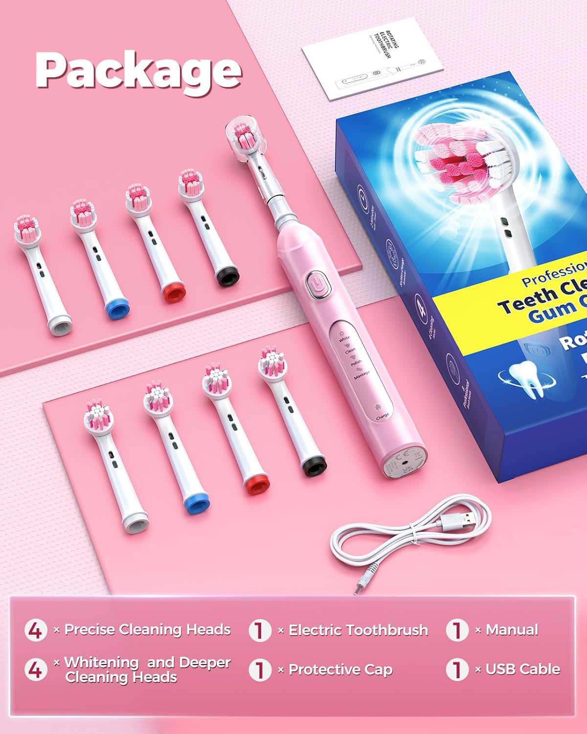 TEETHEORY Rotating Electric Toothbrush for Adults with 8 Brush Heads (2 Types), 4 Modes Deep Clean Electric Toothbrush with Rechargeable Power and 2 Min Smart Timer (2- Cherryblompink, p1) - Image 8