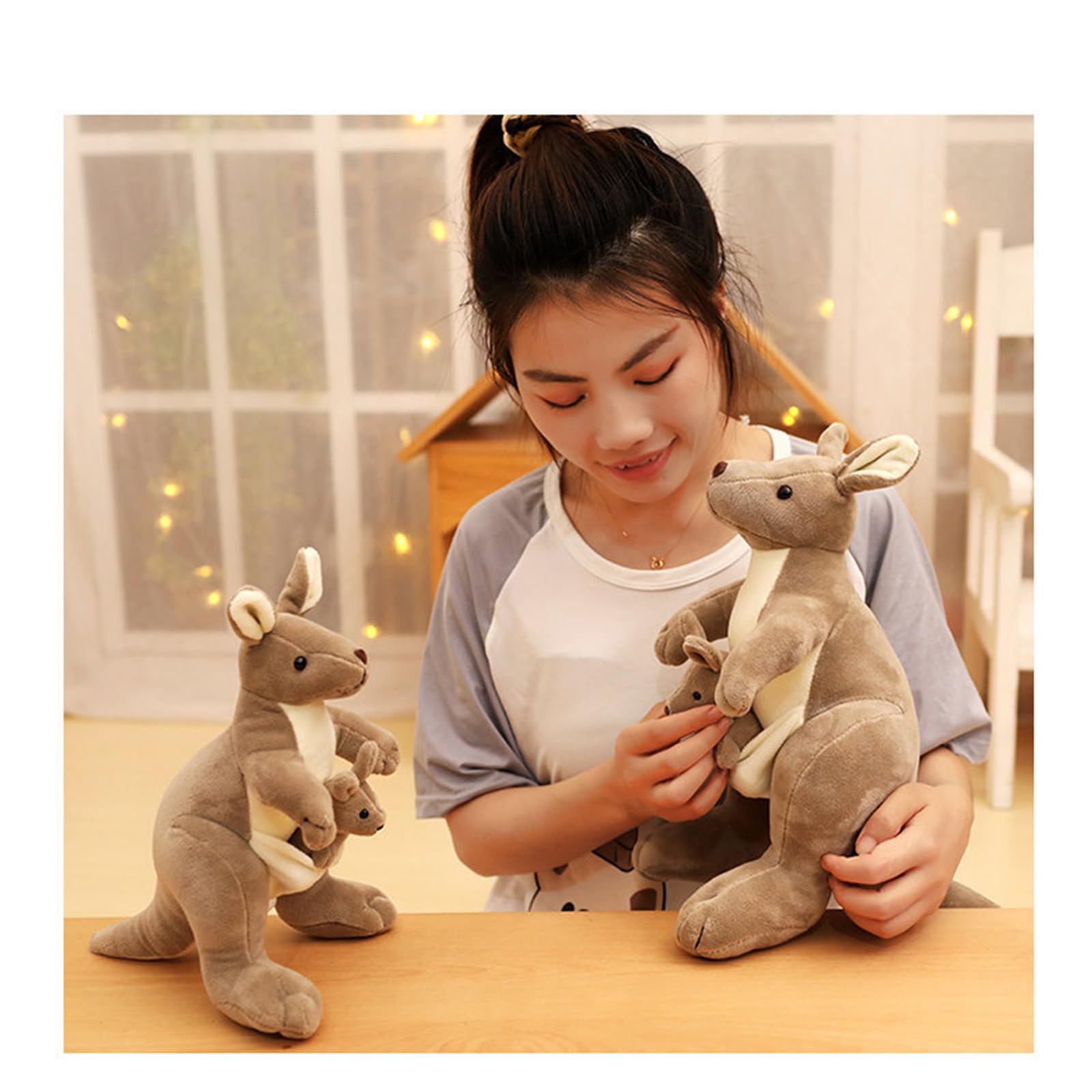 Känguru Plüschtier mit Baby, Niedliches Mutter-Kind Kuscheltier, Weiches Stofftier Känguru, Kreative Tierpuppe, Geschenk für Kinder zum Geburtstag und Weihnachten (27cm)