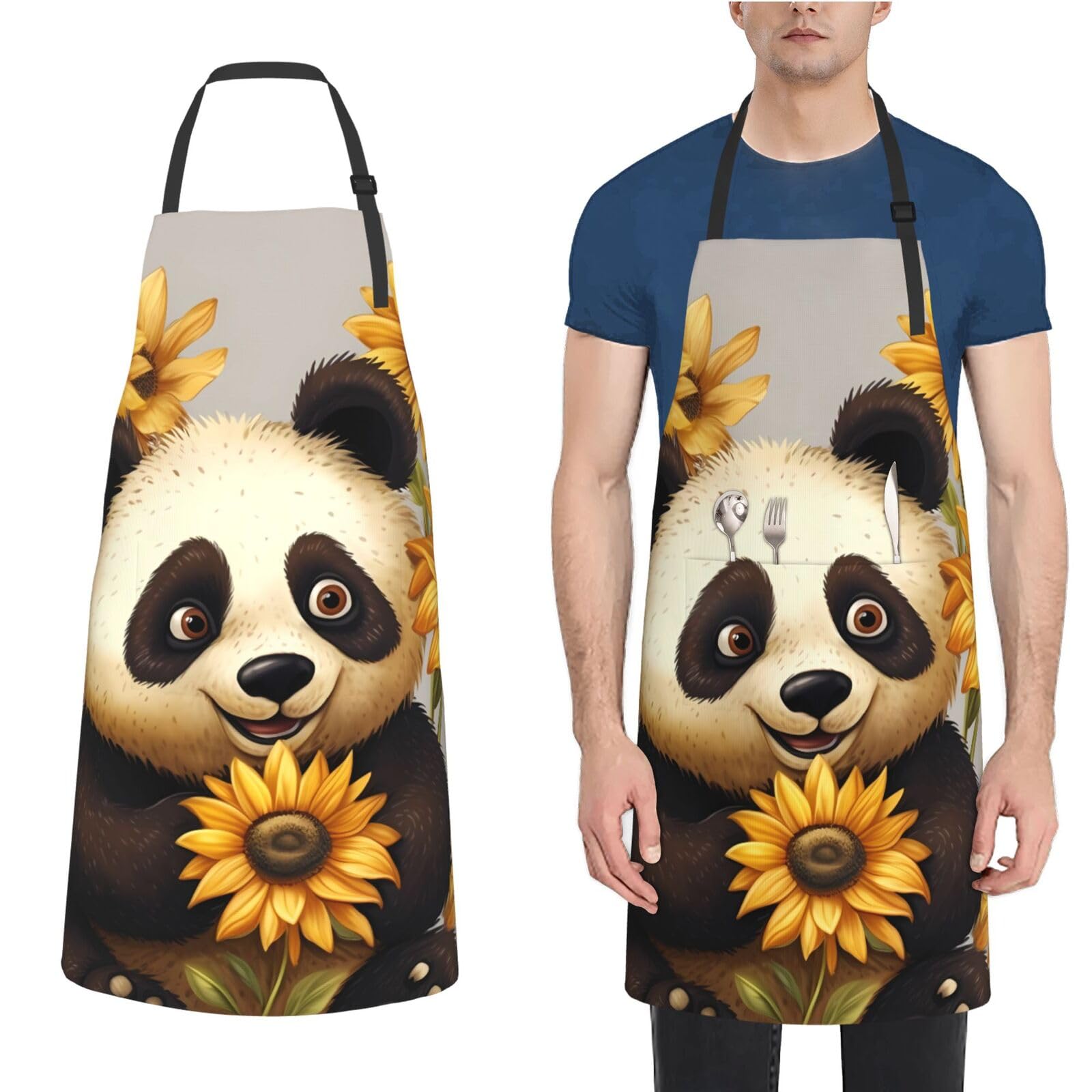 Mxzerfkgla Unisex Cute Panda Sunflower Waterproof Aprons For Women Men Adjustable Bib Apron Chef Cooking Aprons For Kitchen