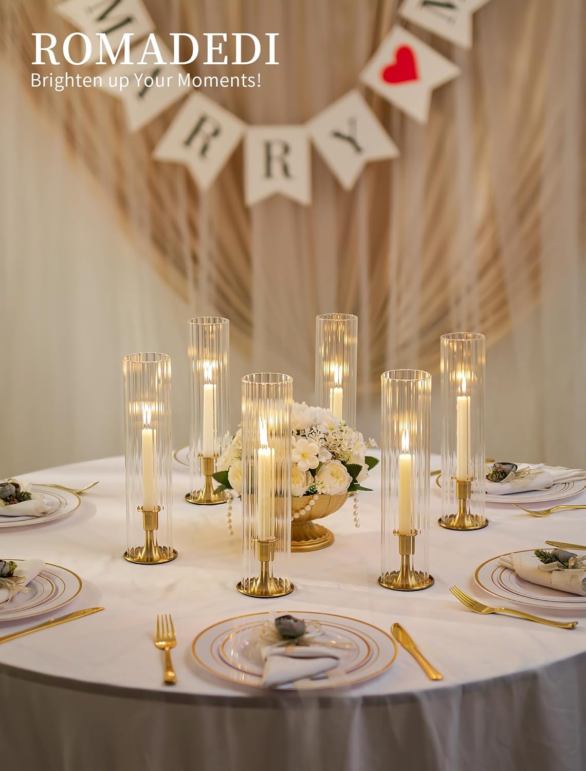 Romadedi Hurricane Glass Candle Holder: Set of 10 Gold Taper Candle Sticks Holder with Ribbed Cylinder Cover & Weighted Base for Table Centerpiece Wedding Christmas Party Outdoor