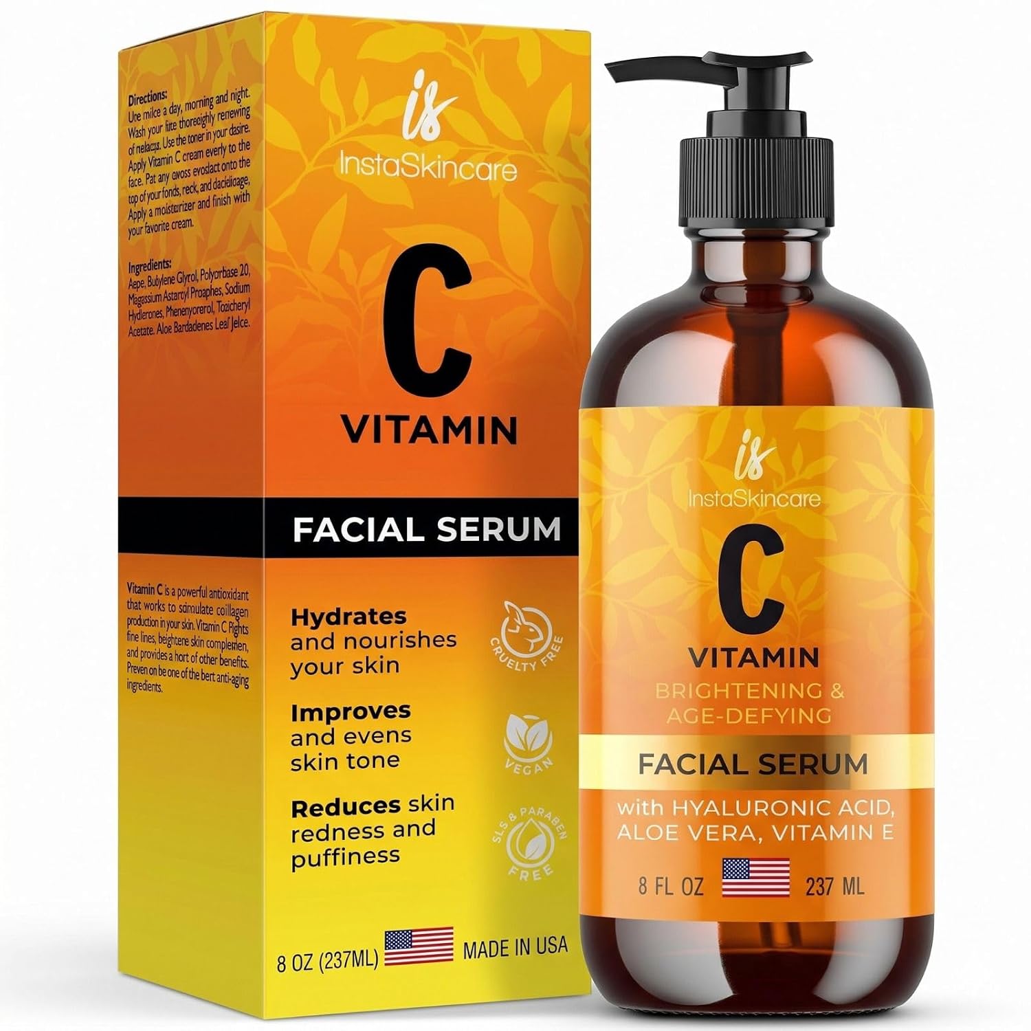 Generic instaskincare Vitamin C Facial Serum with Hyaluronic Acid & Vitamin E – Hydrating, Brightening Face Serum for Smoother, Radiant-Looking Skin – Lightweight, Non-Greasy Formula – 8 Fl Oz