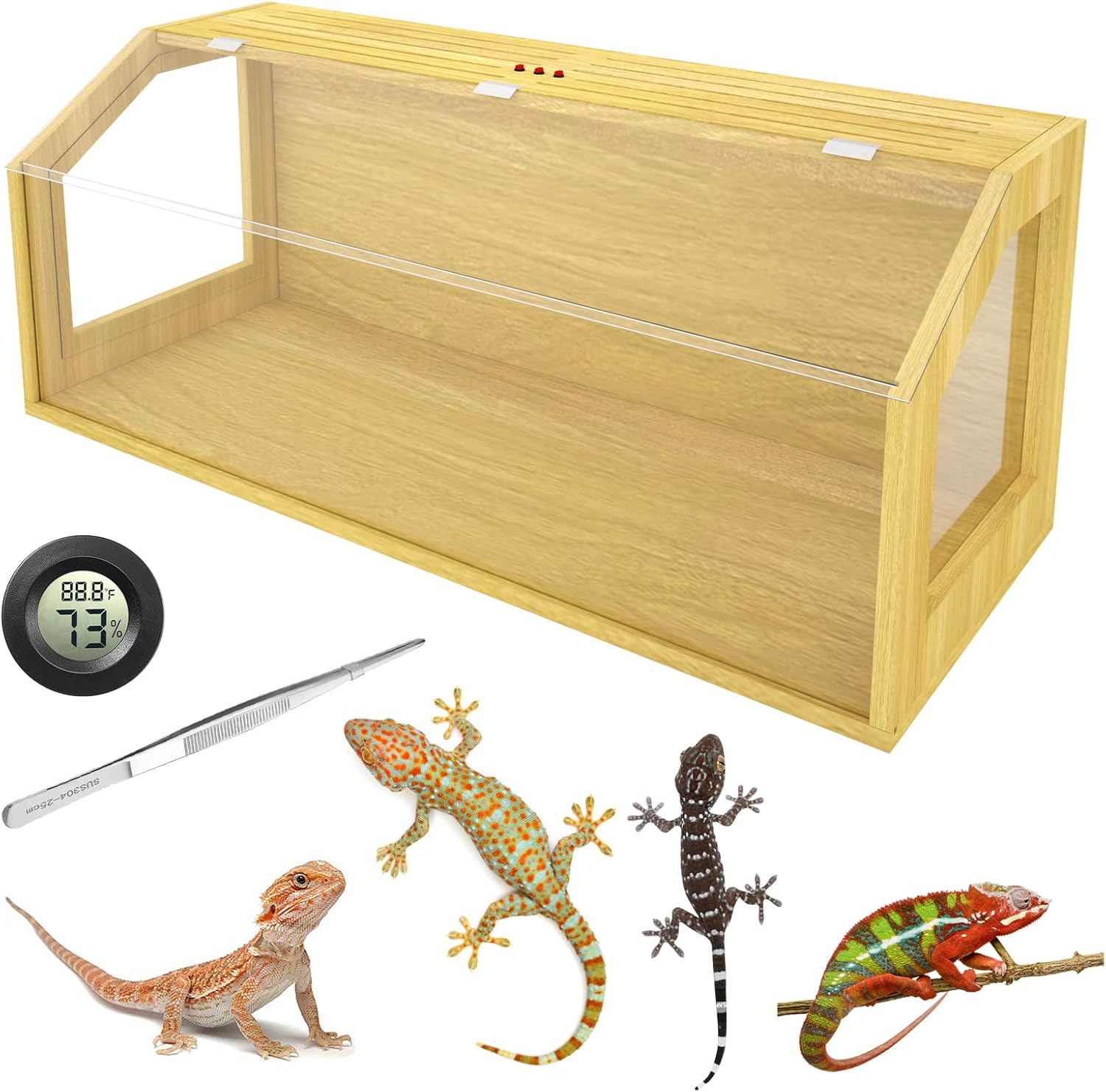 75 Gallon Large Lizard Tank, Reptile Terrarium, Lockable Clear Acrylic Roof, Bearded Dragon Tank with Feeding Tongs, Snake Enclosure, Reptile Cage for Leopard Gecko, Hamsters, 48″ L x 20″ W x 20″ H