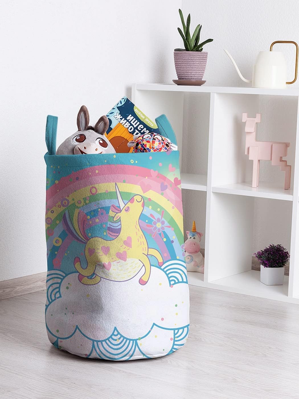 Ambesonne Fantasy Laundry Bag, Unicorn Above The Clouds with Rainbow Imaginary Creature Illustration, Hamper Basket with Handle Drawstring Closure for Laundromats, 13" x 19", Sea Blue Multicolor