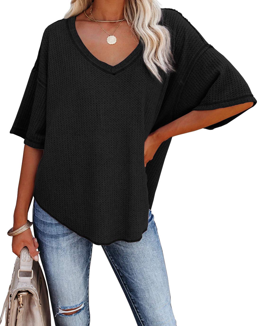Albe Rita Women Half Sleeve V Neck Shirt Off Shoulder Batwing Sleeve Loose Tops