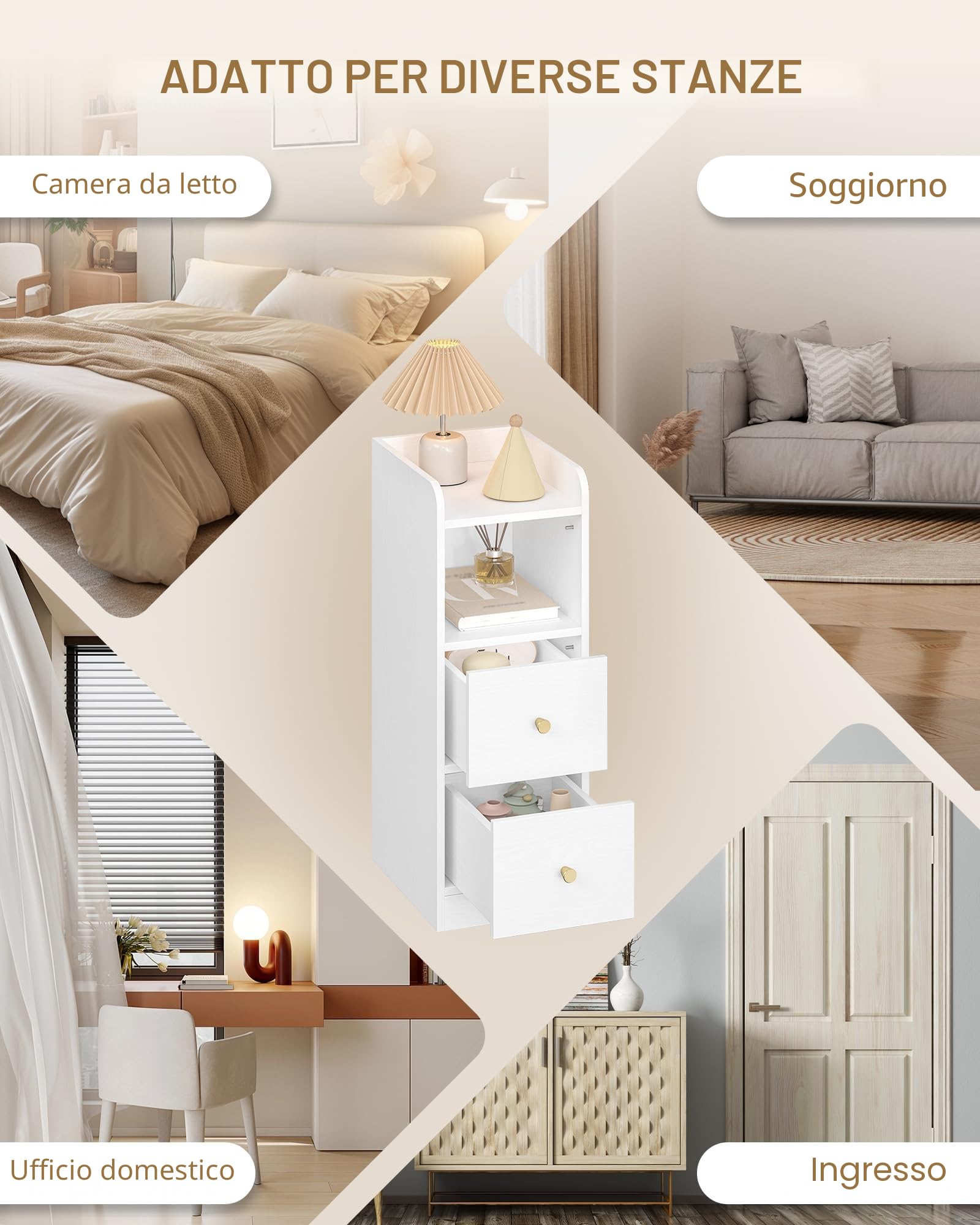 Hzuaneri Comodino Set di 2, Tavolino Stretto con 2 Cassetti, comodino con protezione superiore, per spazi ristretti, per Camera da Letto, Soggiorno, 30 x 24 x 65 cm, Bianco con venature del legno
