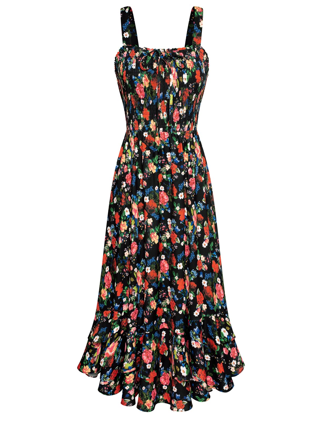 GRACE KARIN Damen langes Blumenkleid Ärmellos Spaghettiträger Freizeitkleid | Maxilang,Breite Träger,Eckiger Ausschnitt,Doppellagiger Saum,Strand,Urlaub