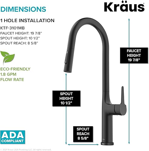 Miniatura 6 de Kraus Oletto - Grifo de fregadero de cocina con un solo mango y pulverizador extraíble, en color negro mate, KTF-3101MB