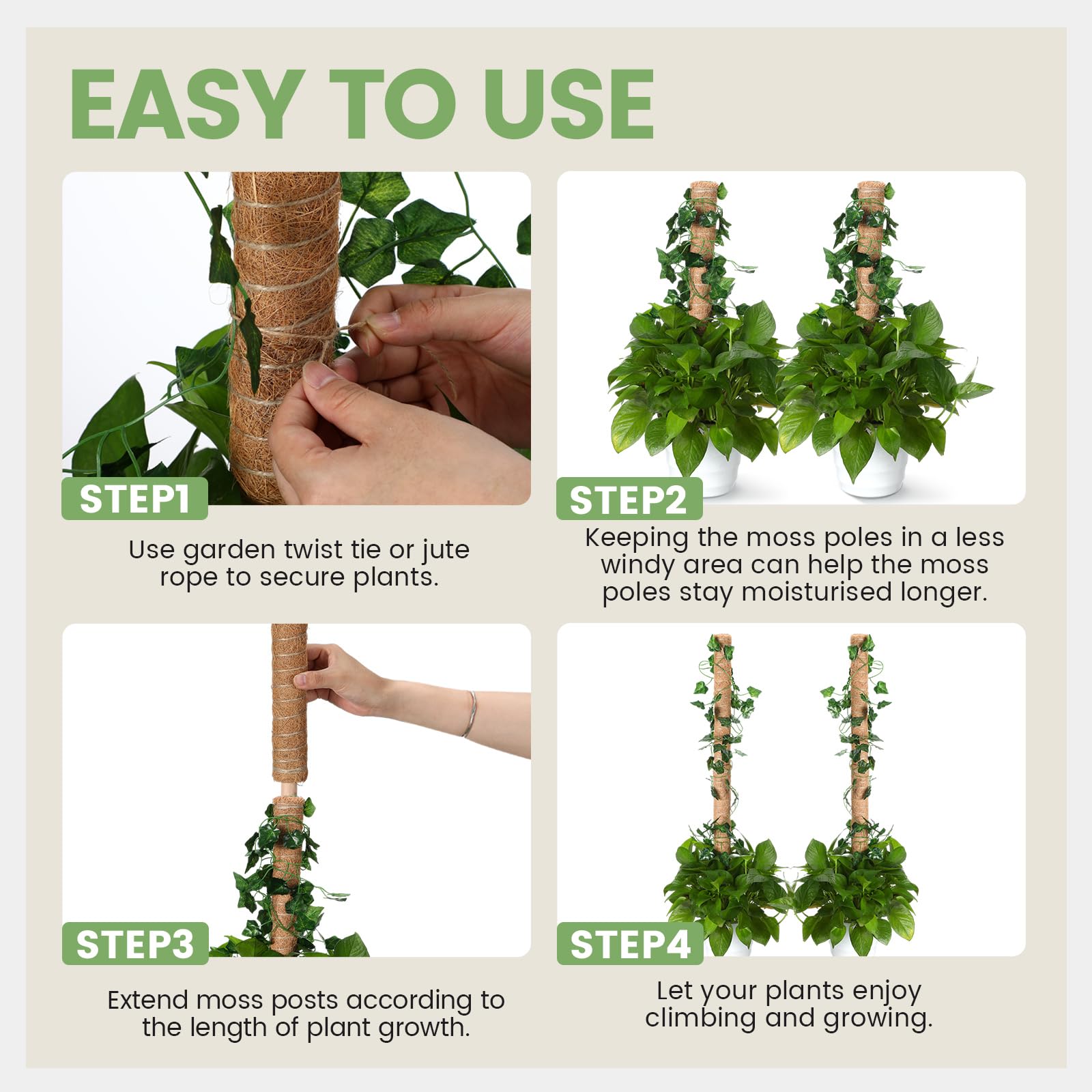 Yinder Monstera-Pflanzenstütze mit 10 x 2 m Juteseil und 2 x 2 m Gartenband, Pflanzstäbe für Zimmerpflanzen, Kletterpflanzen, Totemstange, 41,5 cm, 50 Stück
