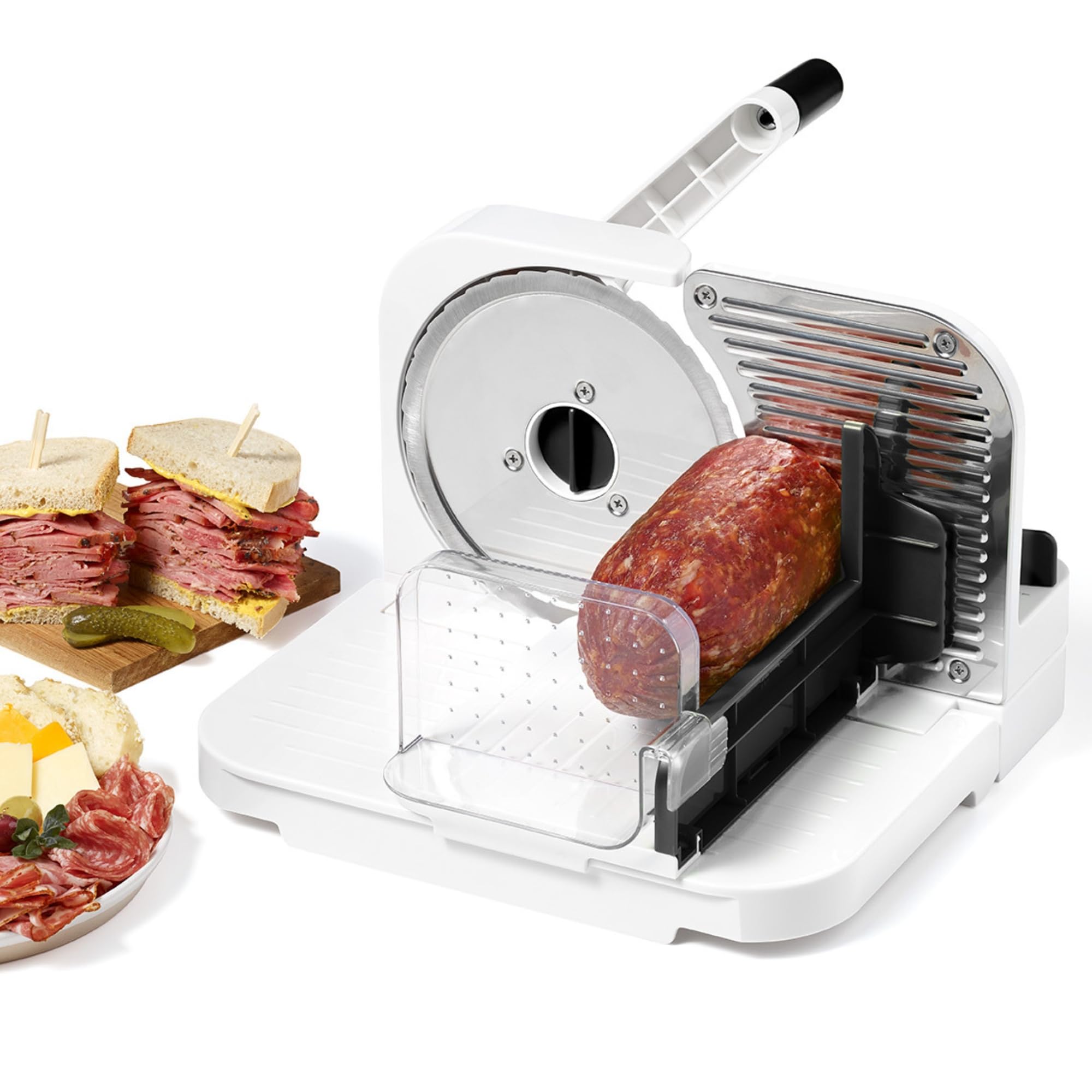 Starfrit Cortador de delicatessen, rebanadas de carne, queso, pan, hoja de acero inoxidable de 6.5 pulgadas, perilla de grosor ajustable, anidable para un fácil almacenamiento, frutas y verduras 2 en