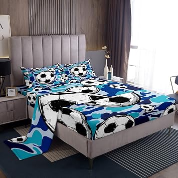 Football Sports Sheet Twin Size Soccer American Ball Games Bedding Set Blue Camouflage Bed Decor for Teens Boys Hexagon Geometric Fashion Bed Sheet Set 3pcsFitted + Flat + 1 Pillowcase