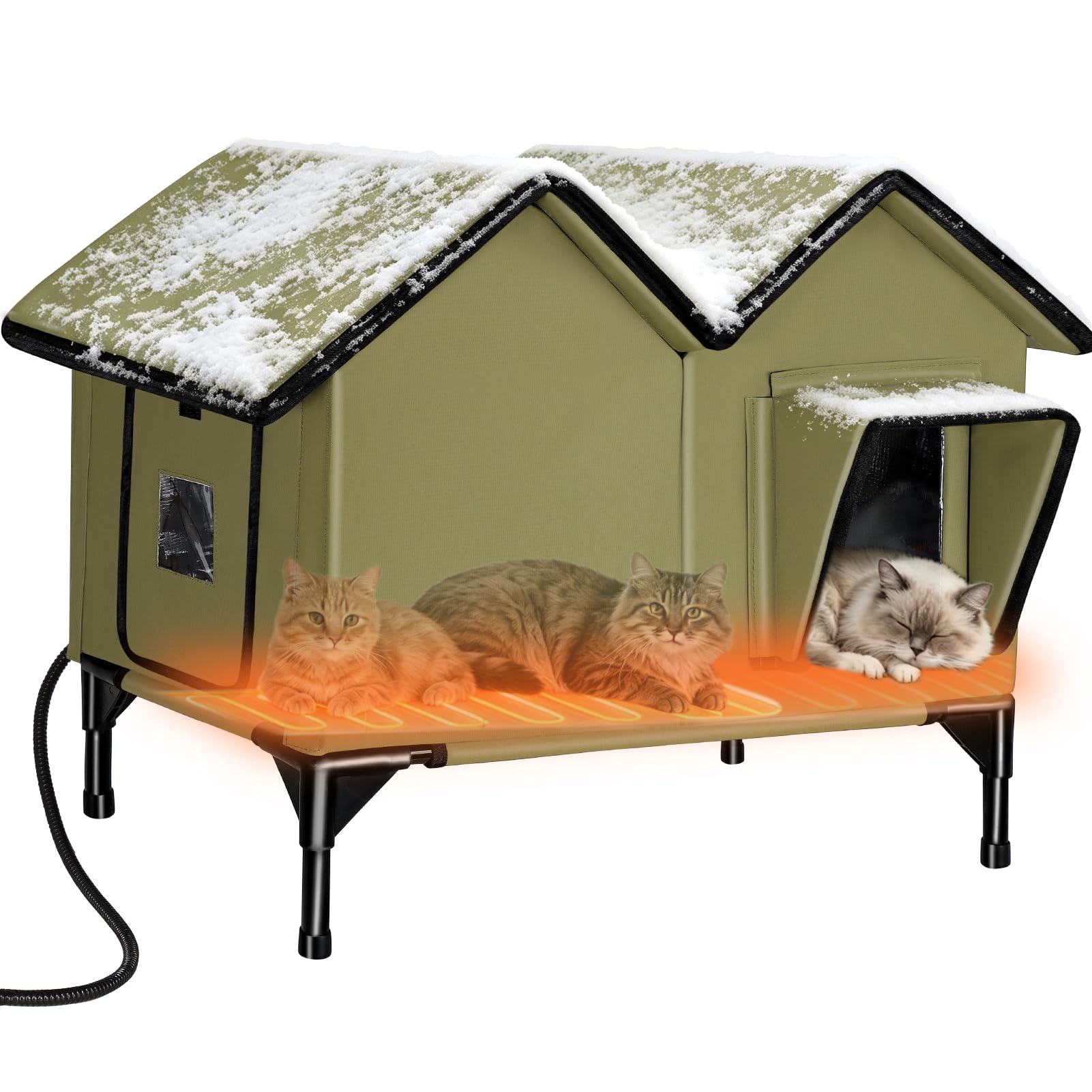 Großes Beheiztes Katzenhaus Outdoor Winterfest Isoliert, weich und warm Katzenhöhle für draußen mit Fluchttüren und Heizungspolster, robuster Katzenhütte Outdoor für mehrere Katzen und Hunde (Grün)