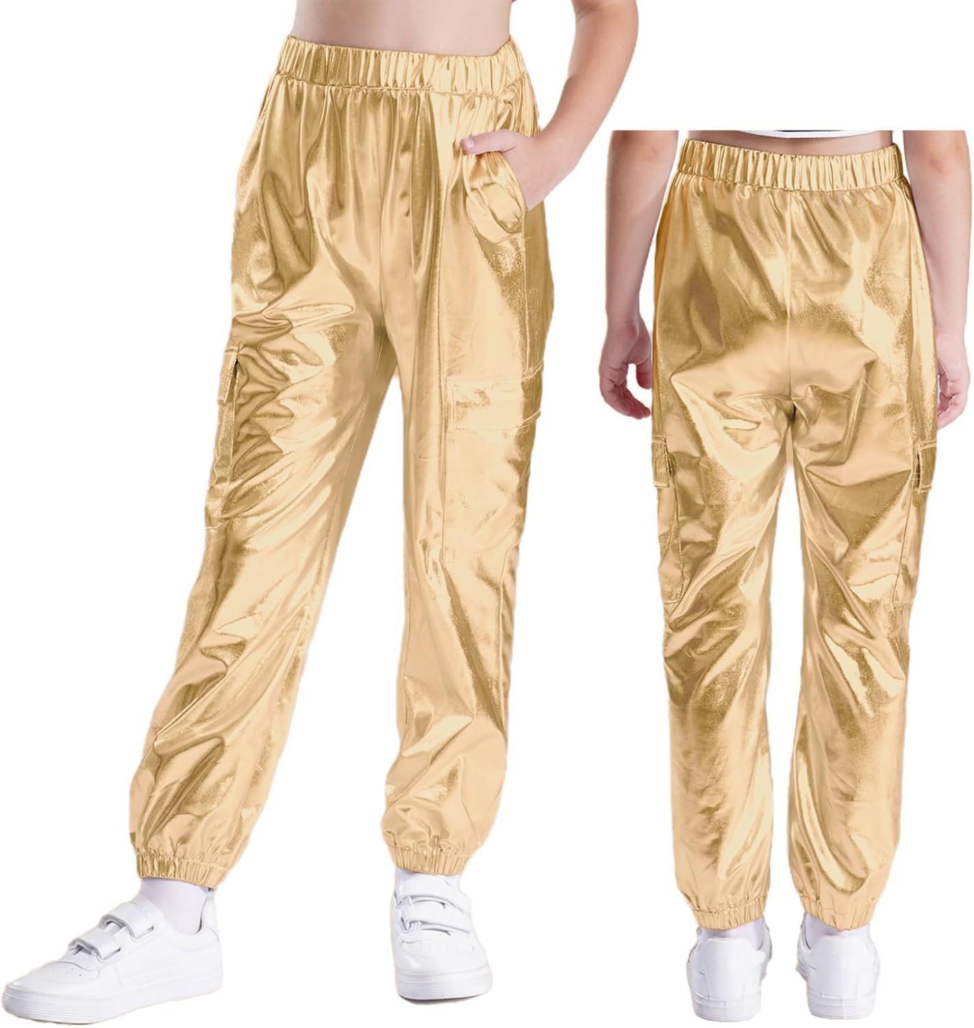 Girls Boys Metallic Hip Hop Street Dance Harem Pants Shiny Leggings Jazz Stage Performance Costume