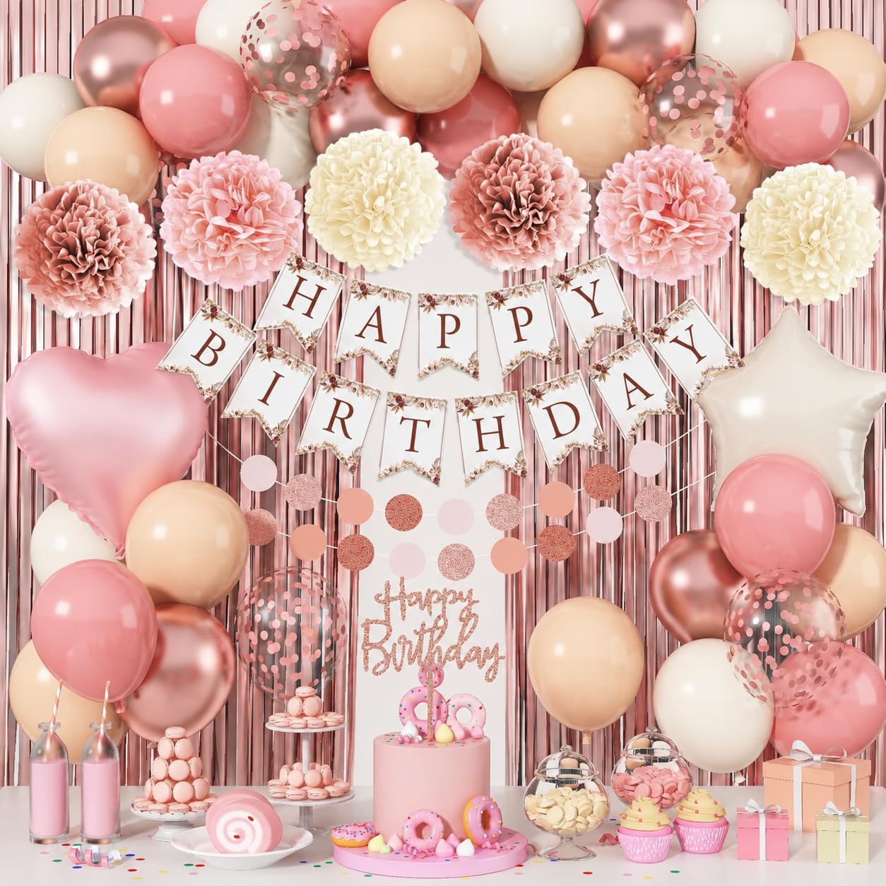 Pink Birthday Decorations for Girls, Rose Gold Birthday Party Decorations with Balloons, Happy Birthday Banner, Foil Fringe Curtain, Tissue Paper Pom Poms, Dot Garland, Cake Topper for Women