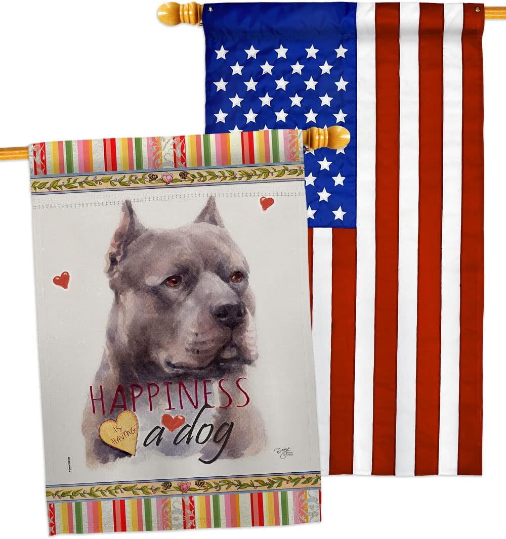 Breeze Decor Blue Pitbull Happiness House Flag Pack Dog Puppy Spoiled Paw Canine Fur Pet Nature Farm Animal Creature Applique Banner Small Garden Yard Gift Double-Sided, Made in USA