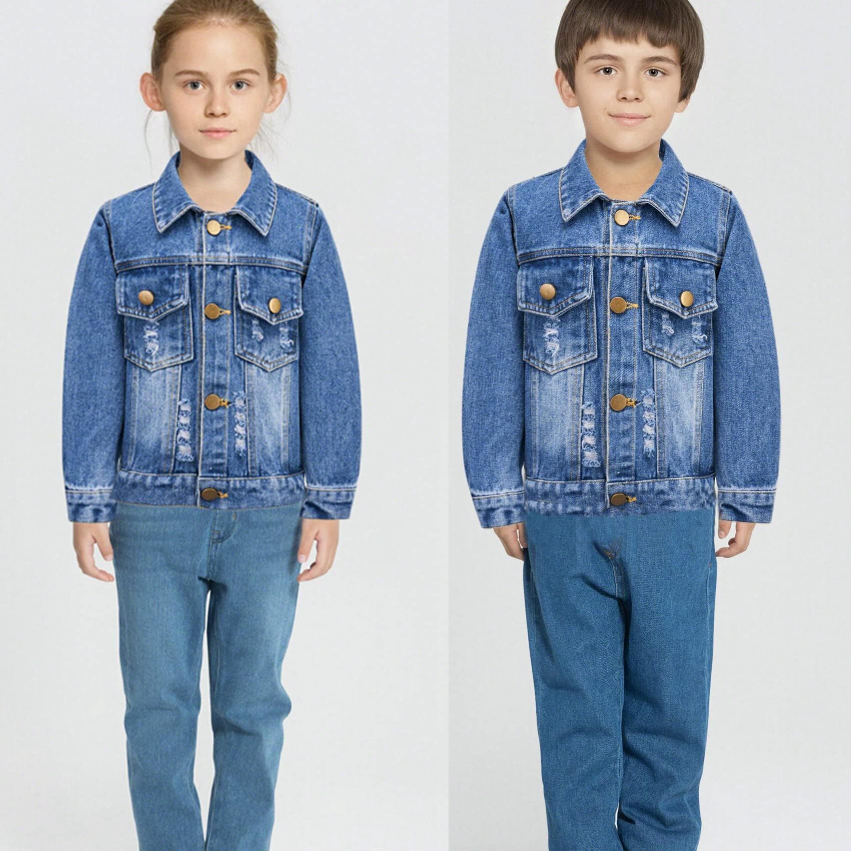 YJBQ Giacca jeans e giaccone denim per ragazzi e ragazze, completati da top trendy. Abbigliamento strappato blu per teenager 5-14 anni.