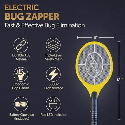 Miniatura 8 de Raqueta matamoscas eléctrico y exterminador de mosquitos para control de insectos en interiores y exteriores, raqueta de tenis a pilas Zap, ligera y