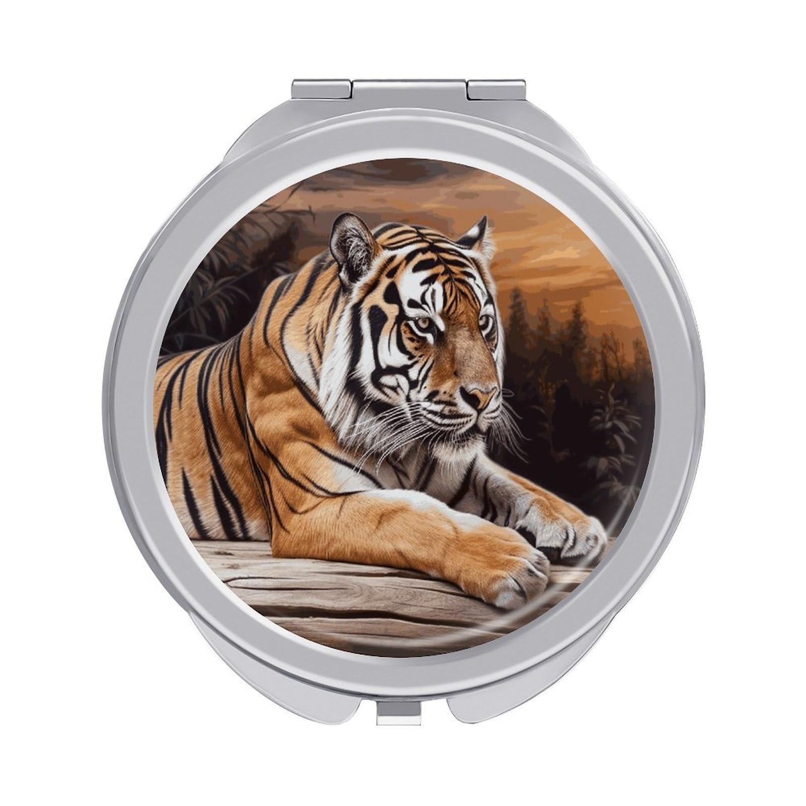 JTREHY Tiger Lying on Wood Makeup Mirror Silver Mirror Surface Folding Makeups Mirrors Lightweight Durable Looking Glass for Suitable Traveling Handbag and Purses