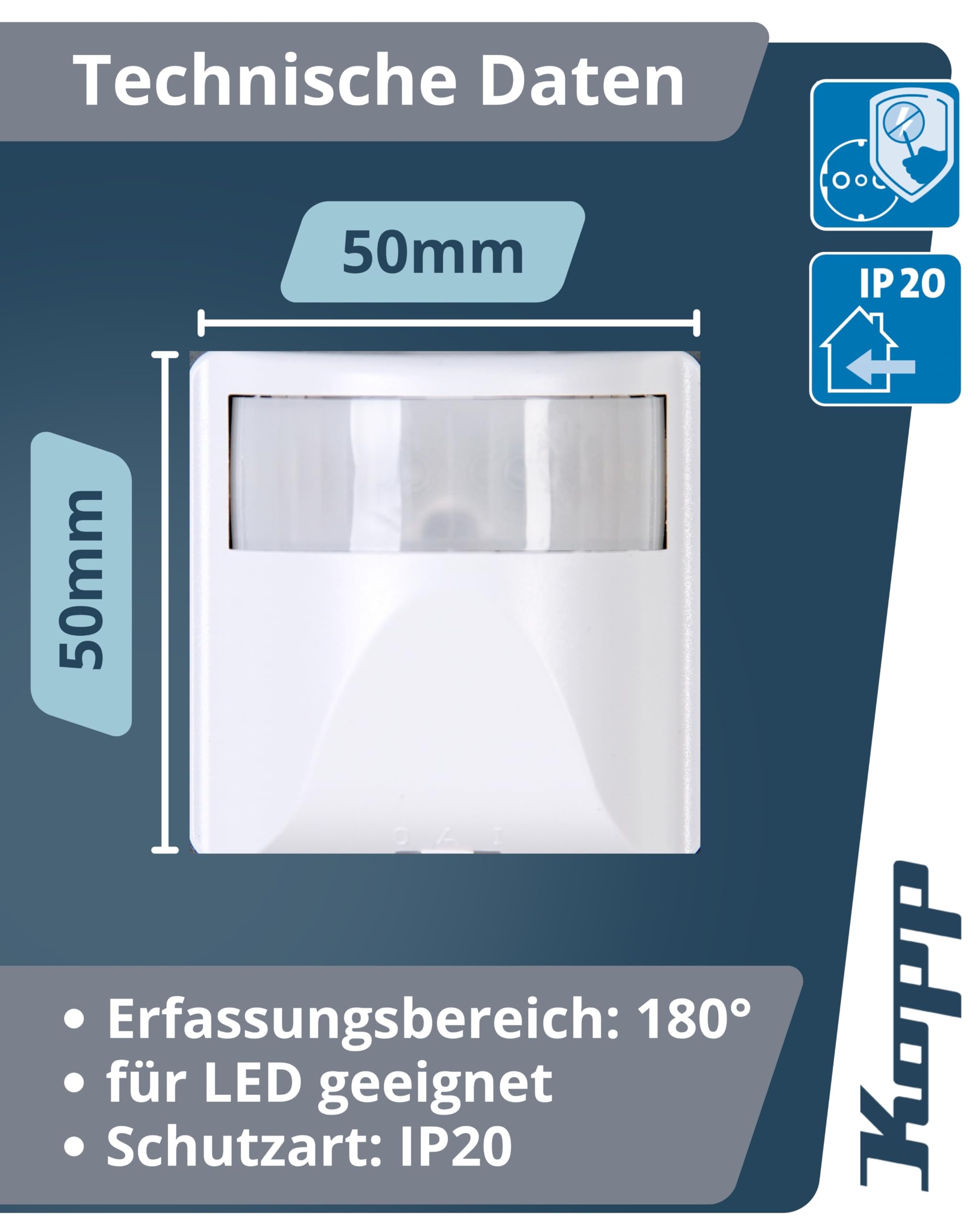 Kopp INFRAcontrol R 180° UP Infrarot-Bewegungsschalter in Arktisweiß - 3-Draht-Bewegungsmelder mit 10m Reichweite - Einstellbare Einschaltdauer & Dämmerung - Für Lasten bis 1000 W, 230 V~