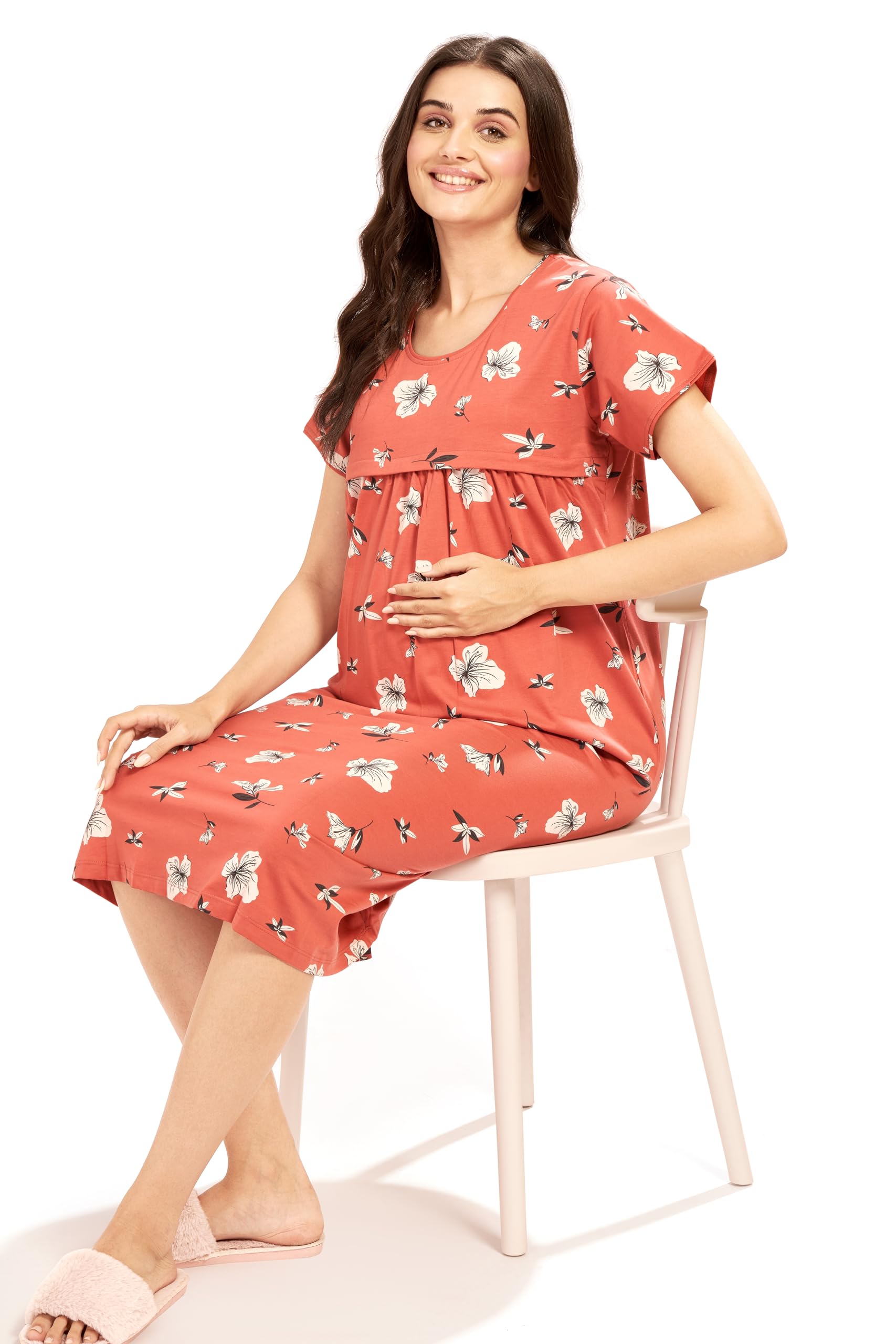 AV2 Women's Cotton Floral Calf Length Maternity Feeding Nighty (3095BM_brown_M) - Image 5 thumbnail