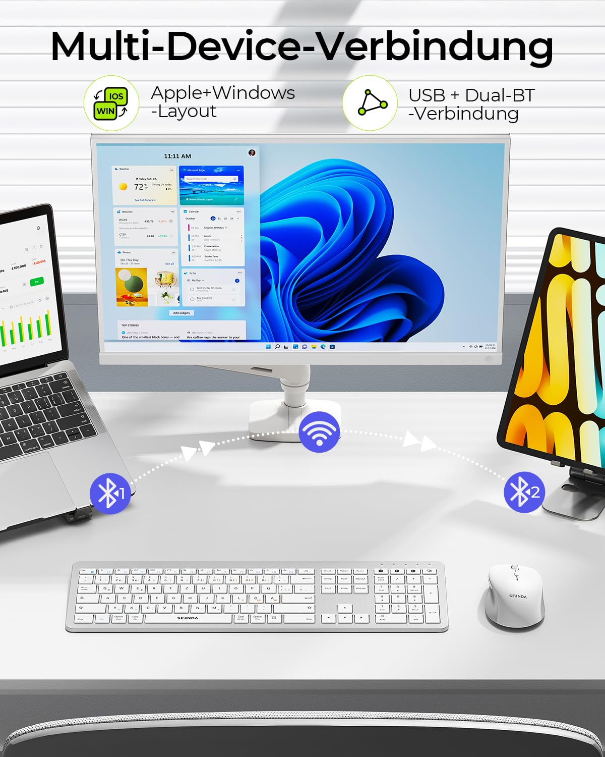 SEENDA Bezprzewodowy zestaw myszki do klawiatury, ultracienki, z podwójnym Bluetooth i USB 2,4 GHz dla 3 urządzeń – niemiecki układ QWERTZ dla Windows, Mac, iPad, laptopa i tabletu (biały i srebrny)