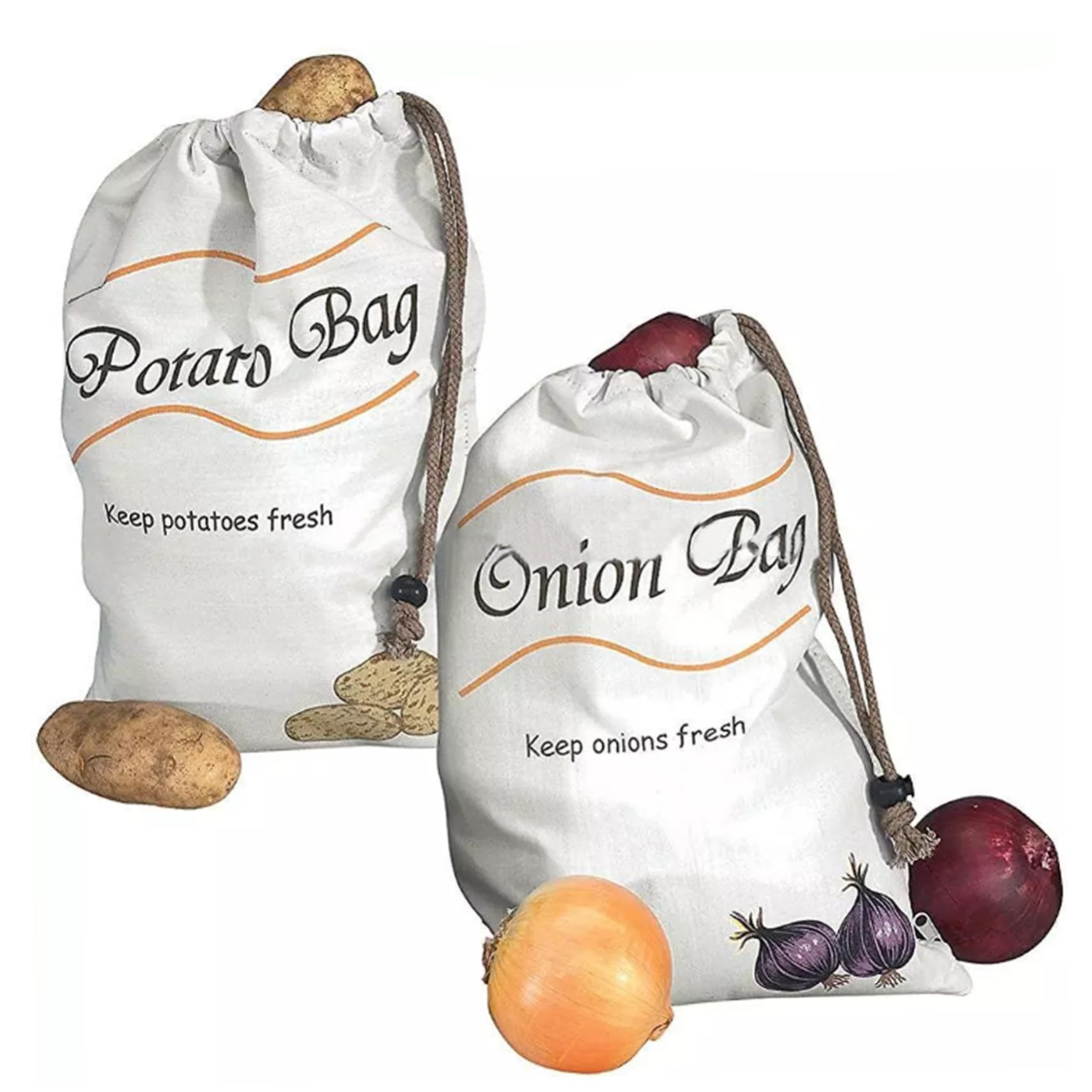 Tsawntd 2Pcs Potato and Onion Bag, Reusable Canvas Vegetable Storage Bags with Drawstring Closure & Side Access for Vegetable Keep Fresh Potato Sack Bag Storage